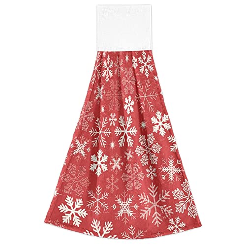 Christmas Snowflake Red Kitchen Hand Towels - Set of 2 Super Soft Absorbent Dishcloths with Hanging Ties | Holiday Home Decor for Kitchen, Bathroom & Christmas Toilet Decorations