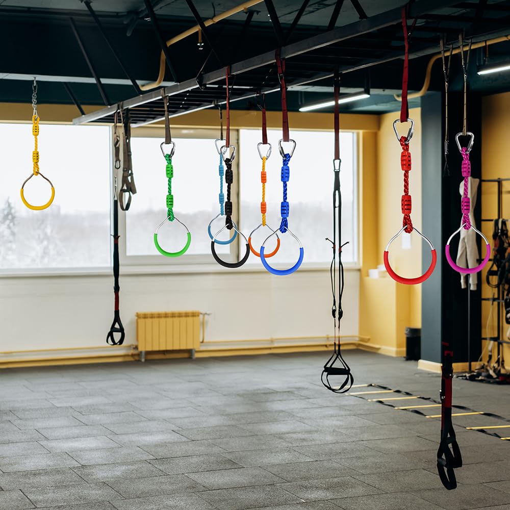 Premium Hanging Gymnastic Rings for Kids - Outdoor Ninja Warrior Obstacle Course Equipment with Carabiner Clips | Perfect for Backyard Playgrounds, Climbing Frames, Garden Swings & Slackline Training | Durable Blue Fitness Rings for Home Exercise & Kids Ninja Training