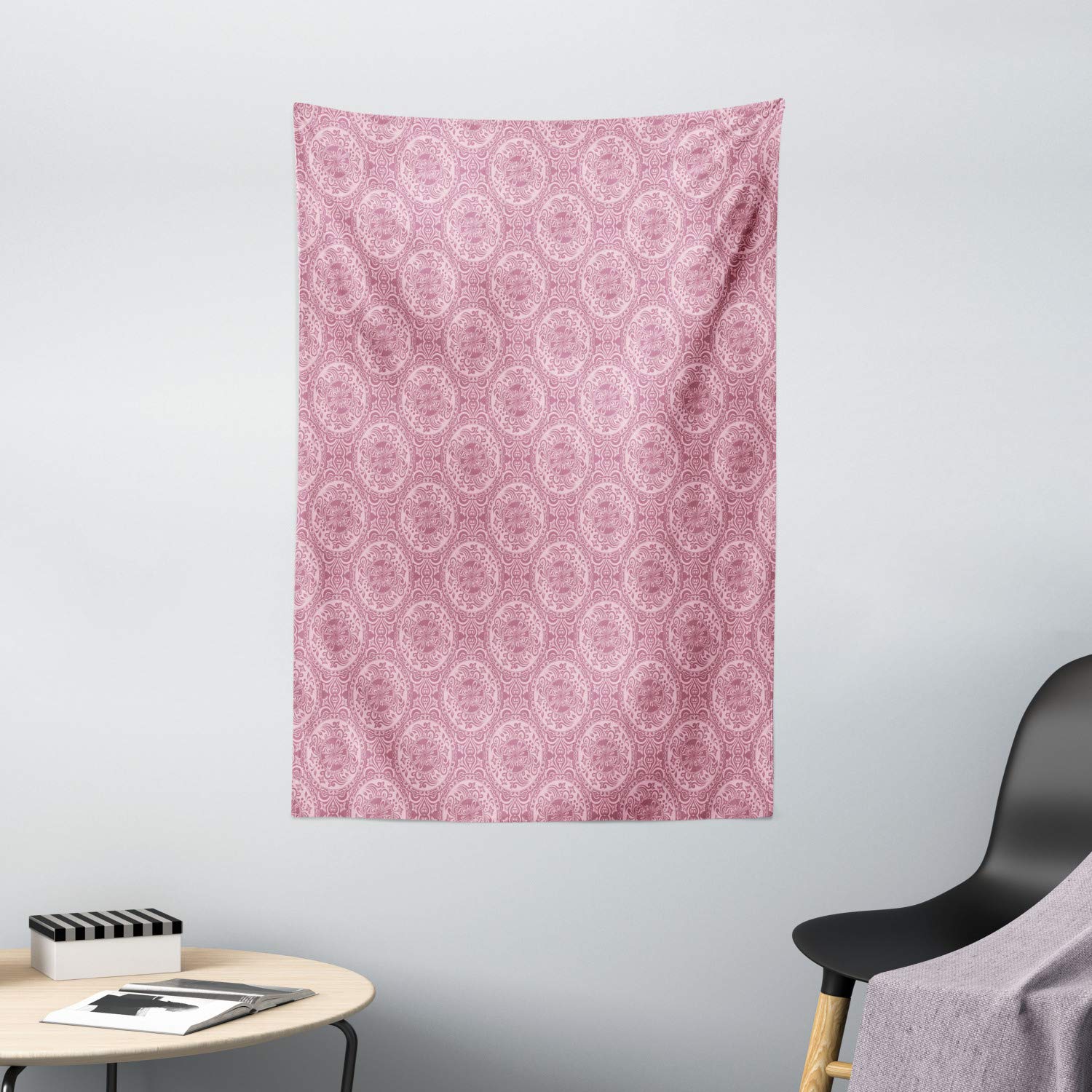 Ambesonne Damask Tapestry - Monochrome Mystic Floral & Geometric Wall Art Decor | 40x60 Inch Bohemian Style Wall Hanging for Bedroom, Living Room, Dorm | Dried Rose & Rose Color | Perfect for Home Decor, Wedding Backdrop & Photo Shoot Background