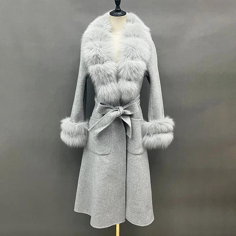 Luxury Women's Long Wool Coat with Detachable Fox Fur Collar - Winter Warm Elegant Trench Coat for Office, Party & Formal Occasions