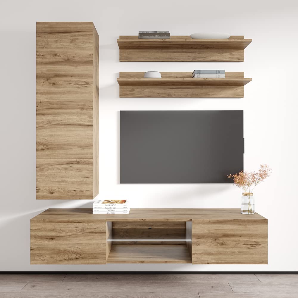 Modern Oak Wall-Mounted TV Stand with Storage Shelves & LED Lights - Floating Entertainment Center for Living Room & Bedroom - Space-Saving H1 33TV Console - Perfect for Small Apartments, Home Theaters, and Modern Interior Design