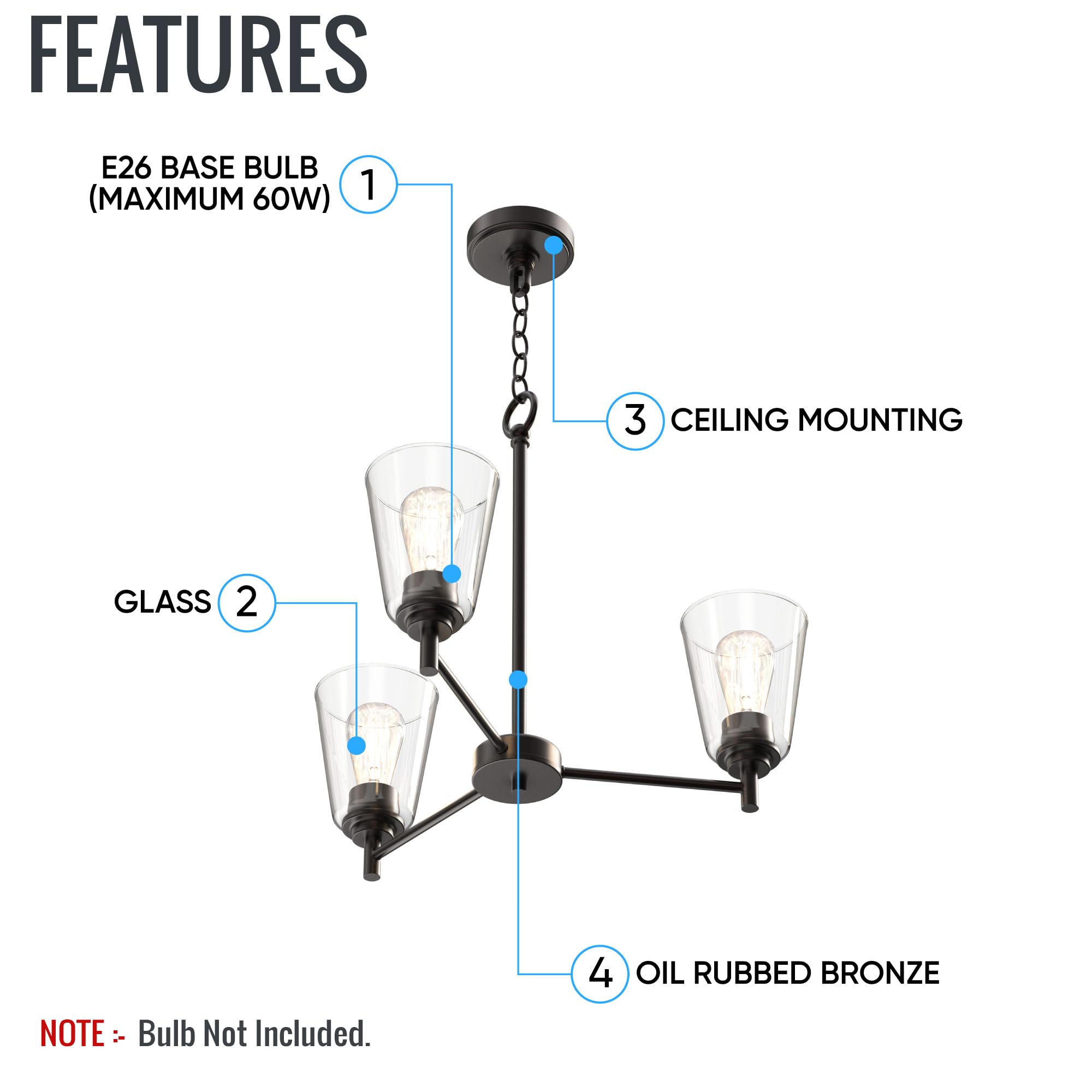 LEDMyplace 3-Light Flared Island Chandelier - Clear Glass Shade, Oil Rubbed Bronze Finish, E26 Base - Modern Farmhouse Pendant Lighting for Kitchen Island, Dining Room & Living Room (Bulb Not Included) | Perfect for Home Decor, Open Concept Spaces & Rustic Interiors