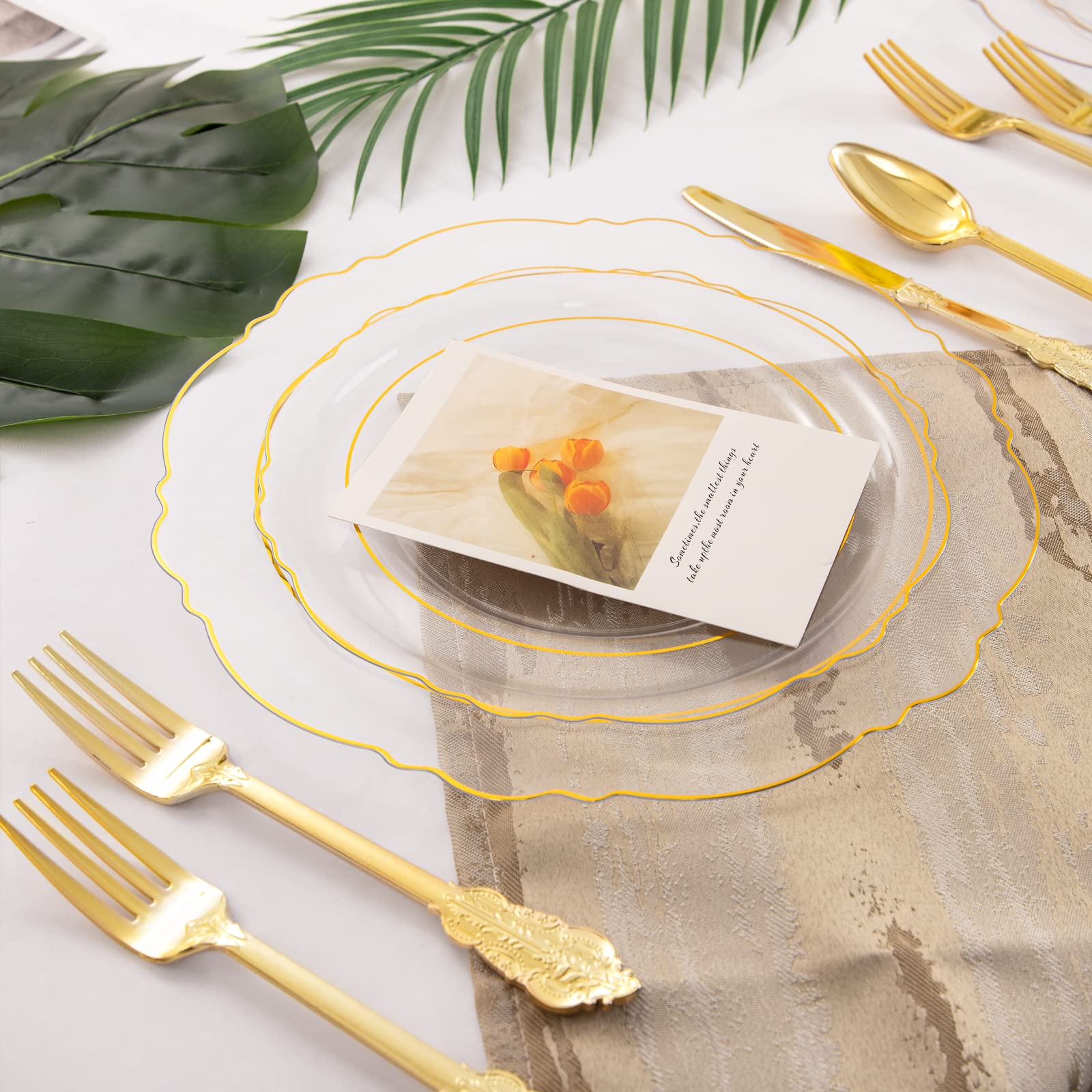 100-Pack Elegant Clear Plastic Plates with Gold Trim - Baroque Style Disposable Dinnerware Set for Weddings, Parties & Events (50x 10.25