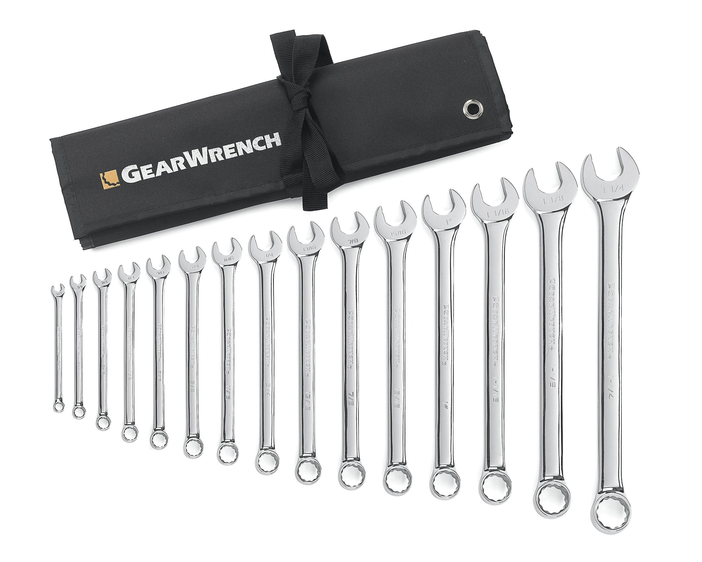 GEARWRENCH 15-Piece 12-Point Long Pattern Combination Wrench Set with Tool Roll, SAE Standard (81918) - Perfect for Automotive Repair & DIY Mechanics