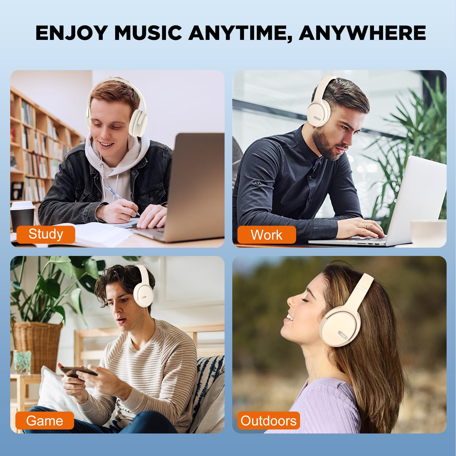 HTC Wireless Bluetooth Over-Ear Headphones with Built-in Mic, Foldable Lightweight HiFi Stereo Headset for Travel, Work, Gaming - Compatible with Laptop, PC, Cellphone (Black) - Perfect for Commuting, Office & Home Entertainment
