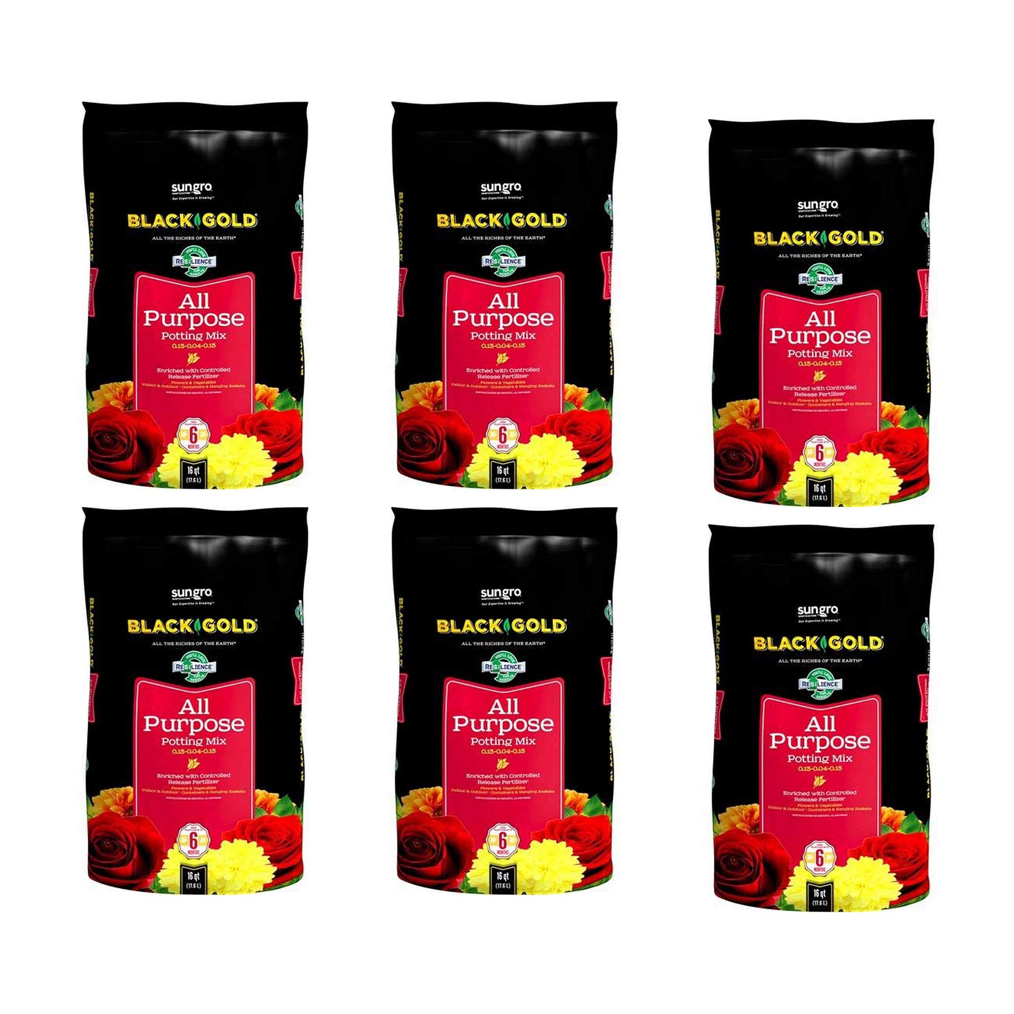 Premium SunGro Black Gold All Purpose Potting Soil Mix - Nutrient-Rich Fertilizer for Indoor Plants, Vegetables, Herbs & Flowers | 16 Quart Bag (6 Pack) | Ideal for Container Gardening, Raised Beds & Houseplant Care