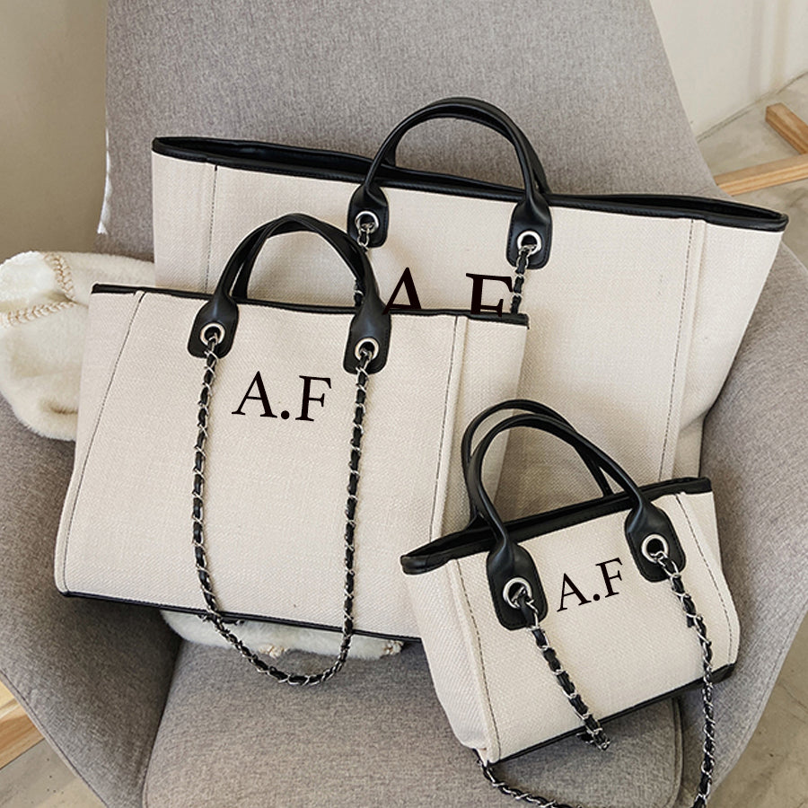 Personalized Initial Chain Tote Bag for Women - Carnaby London Ivory & Black Monogram Purse - Perfect for Work, Travel & Everyday Use