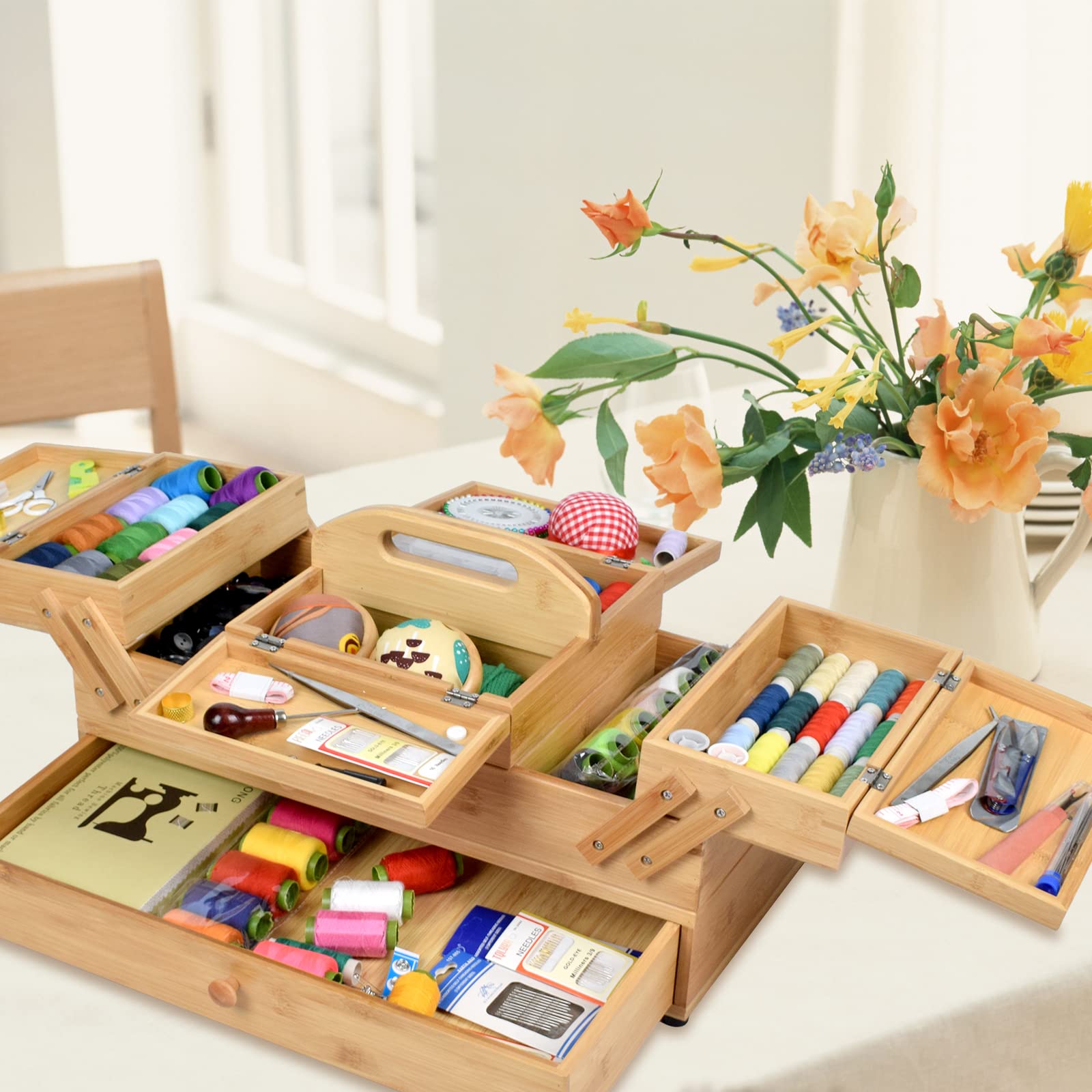 Wooden Sewing Box Organizer with 3 Tier Drawers - Perfect for Sewing Supplies, Craft Tools & Needles Storage - Ideal for Sewing Enthusiasts, Quilters & DIY Craft Projects