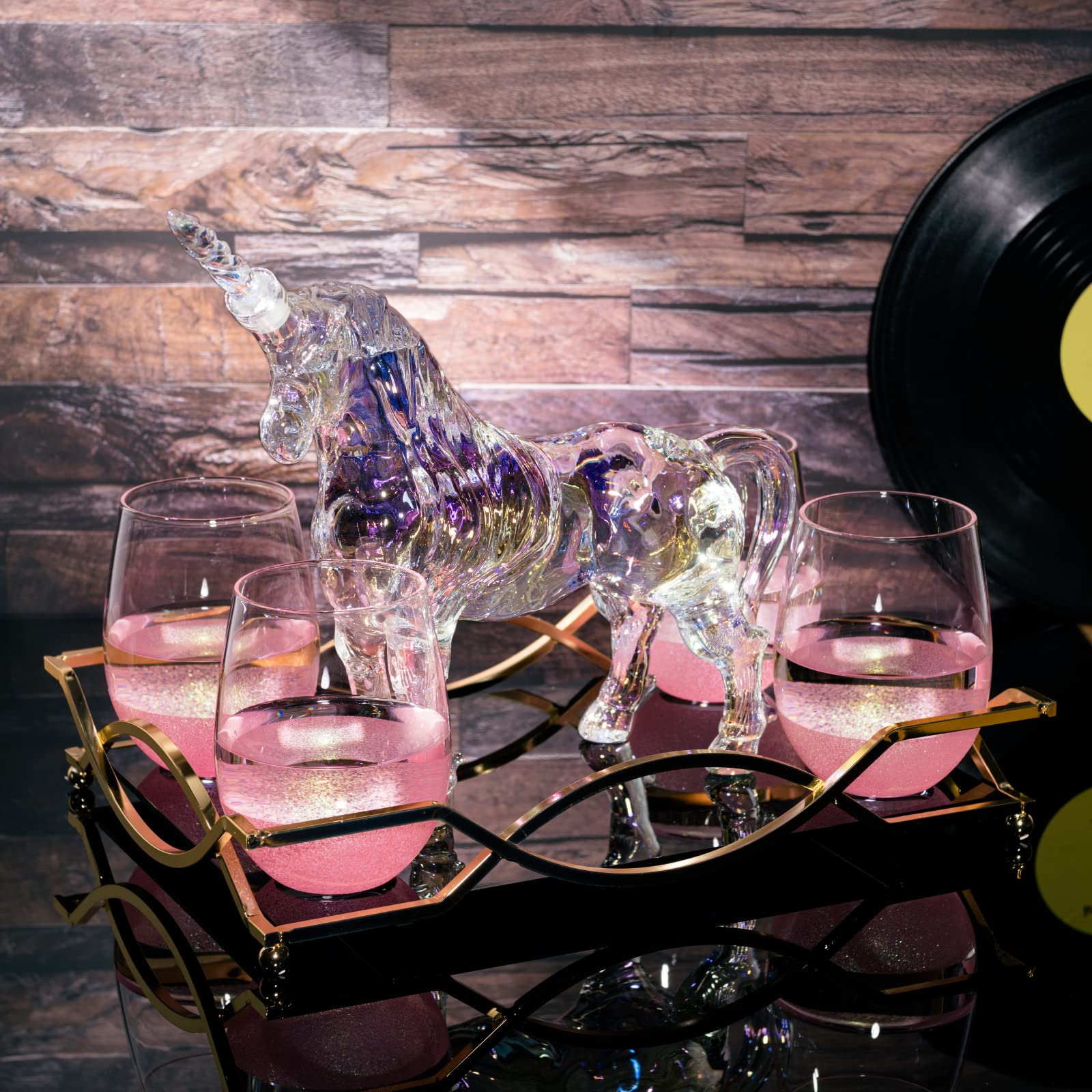 Iridescent Unicorn Wine Whiskey Decanter Set - 750ml Glass Decanter with 4 Pink Sparkle Glasses for Wine, Whiskey, Scotch, Tequila & Cocktails - Perfect for Unicorn Themed Parties, Bridal Showers & Unique Gifts - 14