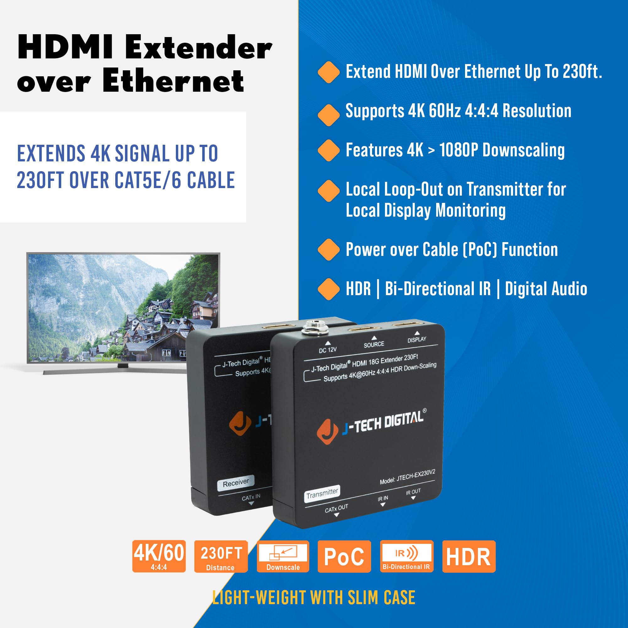 J-Tech Digital HDMI Extender 4K 60Hz Over Cat5e/6 Ethernet Cable - 230ft Range with 4K Downscaling, HDMI Loop Out, PoC, HDR & Bi-Directional IR [JTECH-EX230V2] - Perfect for Home Theater, Conference Rooms & Long-Distance AV Setups