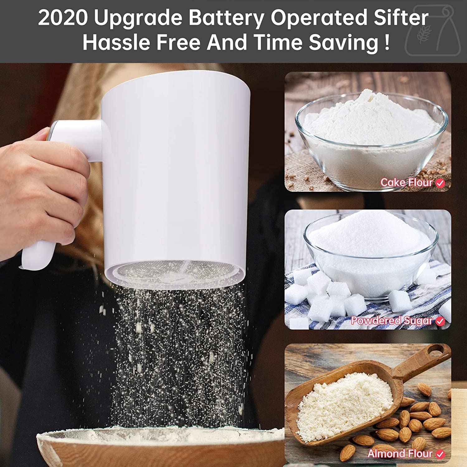 Battery Operated Flour Sifter for Baking - 4 Cup Capacity with 20 Mesh Stainless Steel Sieve - Easy to Clean Electric Sifter for Almond Flour, Powdered Sugar & Baking Ingredients - Perfect for Home Bakers & Professional Kitchens