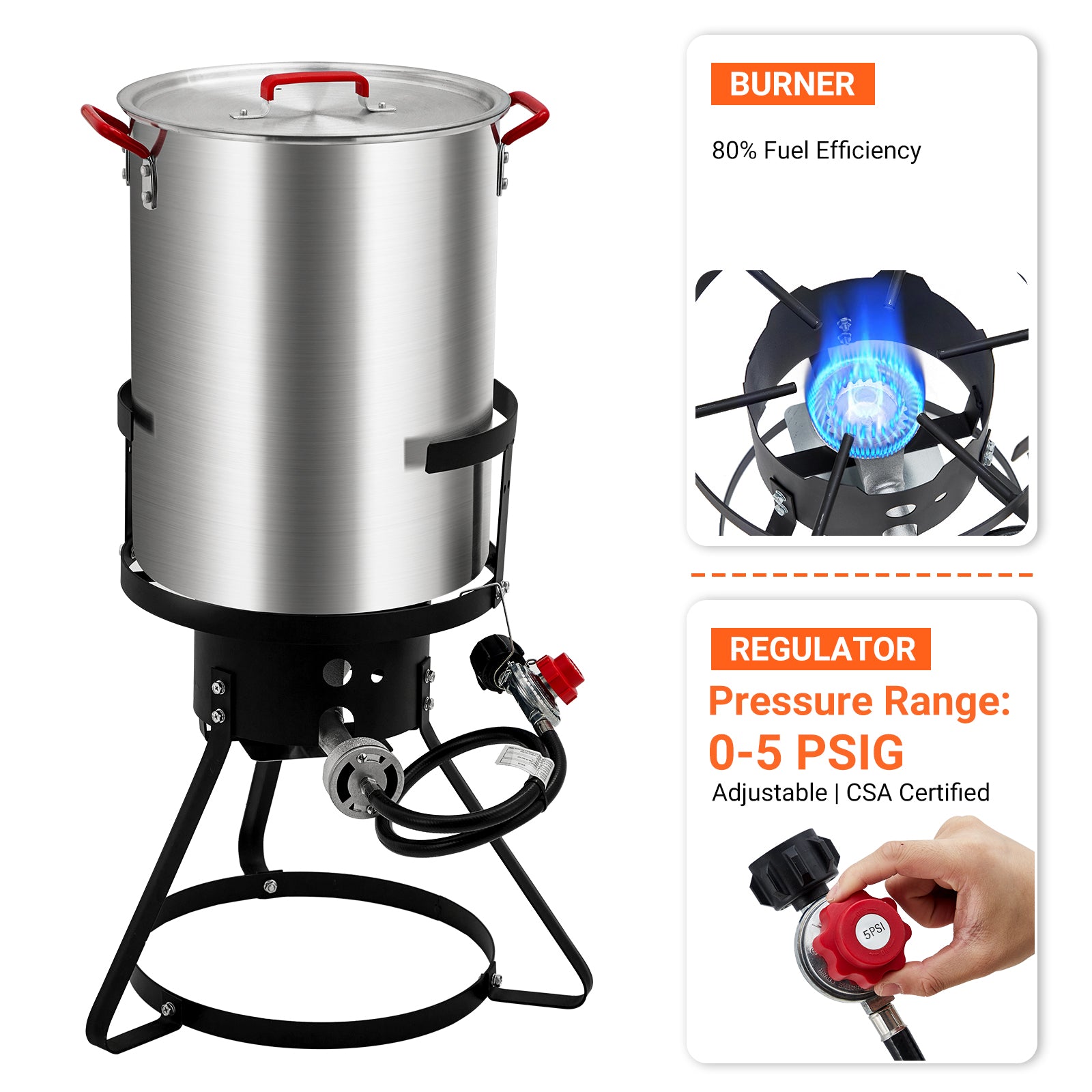 GARVEE 30 Qt Aluminum Turkey Deep Fryer Pot with Thermometer Kit - Outdoor Propane Stove Burner Stand for Frying Turkey, Fish, Chicken Wings - CSA Approved 0-5 PSI Regulator - Perfect for Backyard BBQs, Camping & Outdoor Cooking