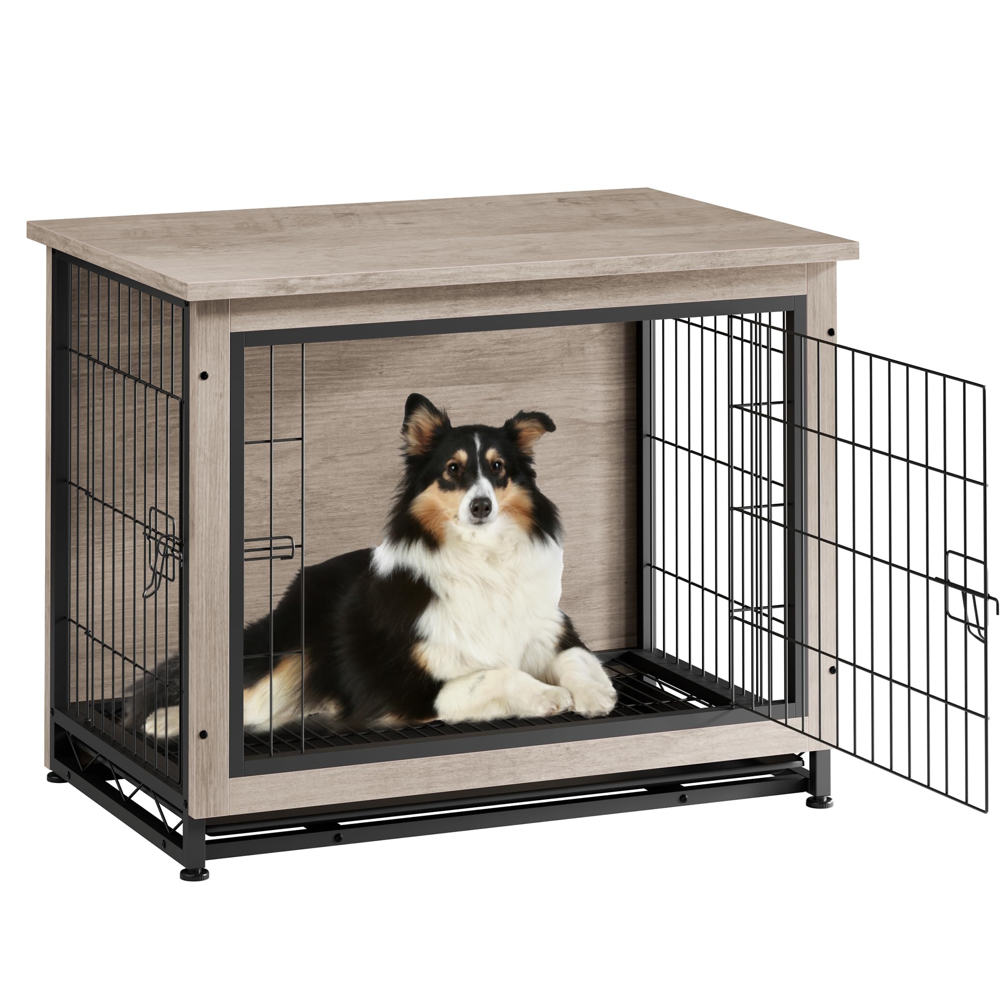 Modern Wooden Dog Crate Furniture - Heavy Duty Indoor Kennel with Removable Tray & Double Doors | Side End Table for Living Room, Bedroom | Grey Pet Cage for Small to Medium Dogs | Perfect for Home Decor & Pet Safety