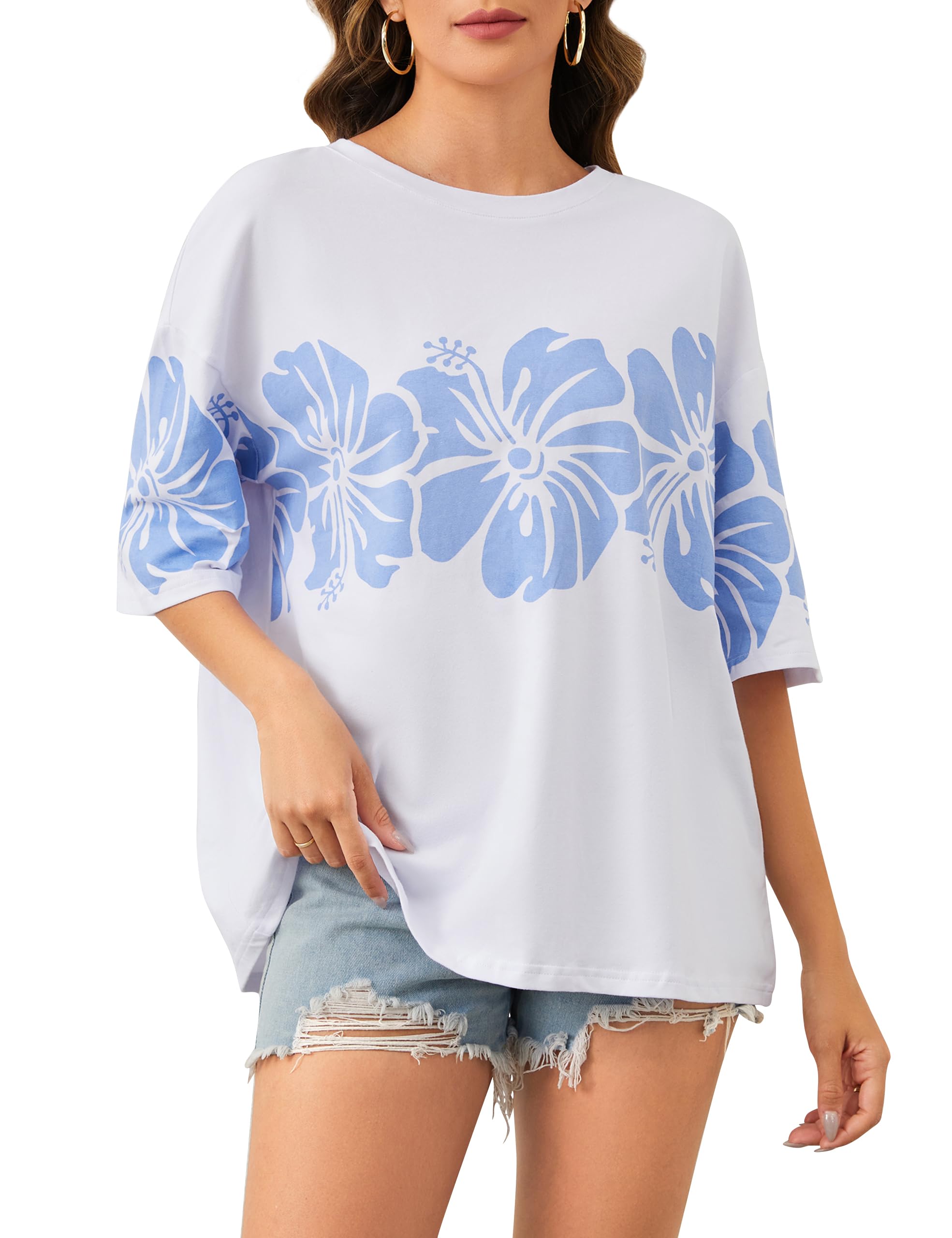 Oversized Hibiscus Floral Graphic T-Shirt for Women - Soft Cotton Crewneck Tee with Hawaiian Flower Design | Perfect for Casual Wear, Beach Outfits & Summer Fashion