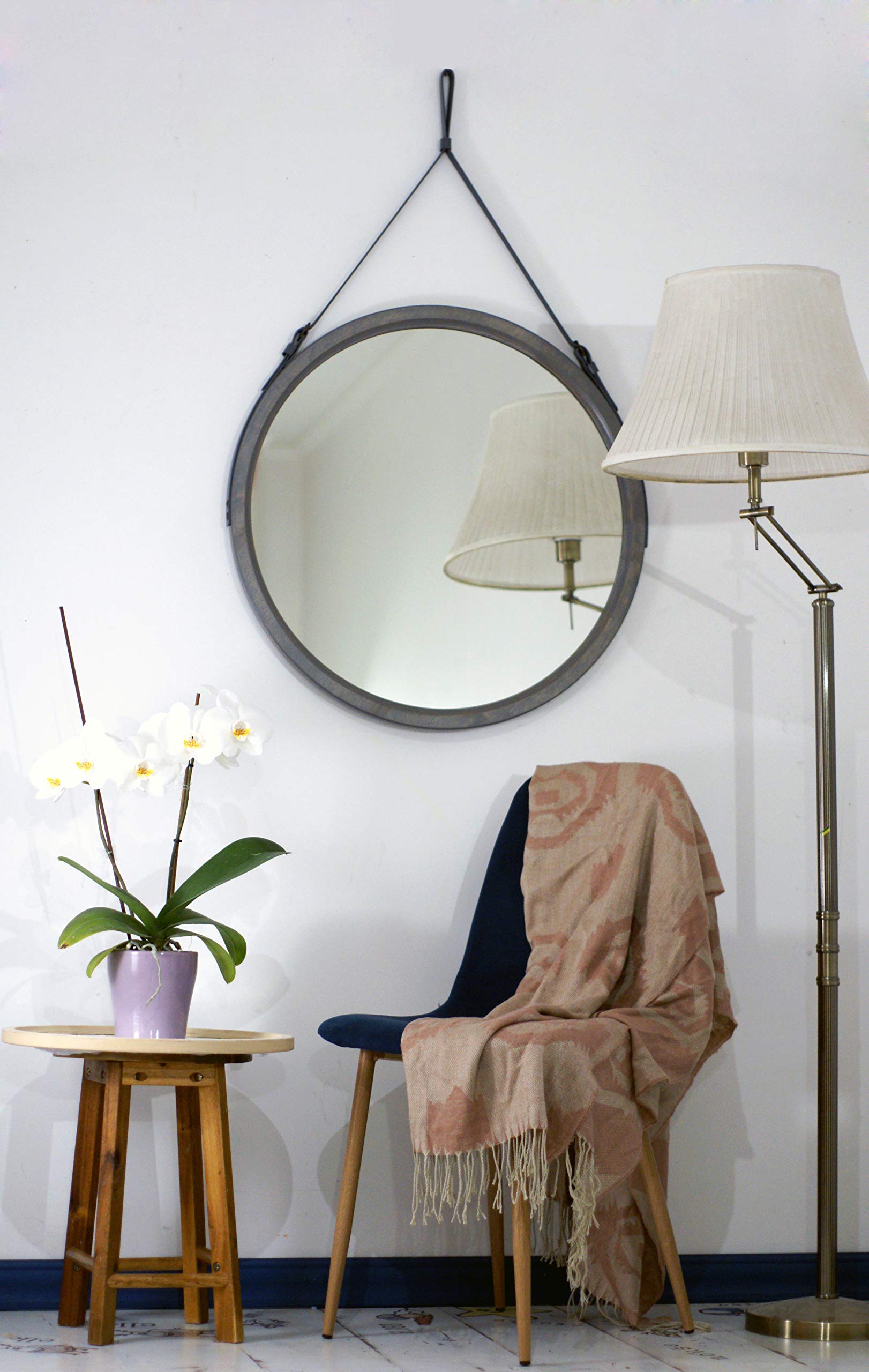 Grey Round 'Athlone' Leather Mirror - Scandinavian Minimalist Modern Wall Decor with Strap, Perfect for Living Room, Bedroom, or Loft Style Spaces