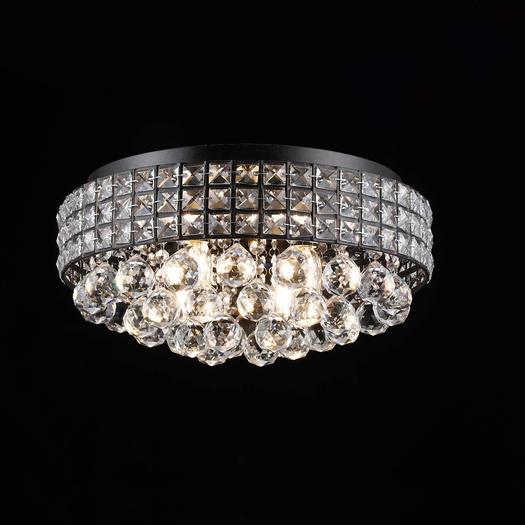 Modern Bronze Crystal Chandelier - 4-Light Flush Mount Ceiling Fixture with Raindrop Crystals - 15.75