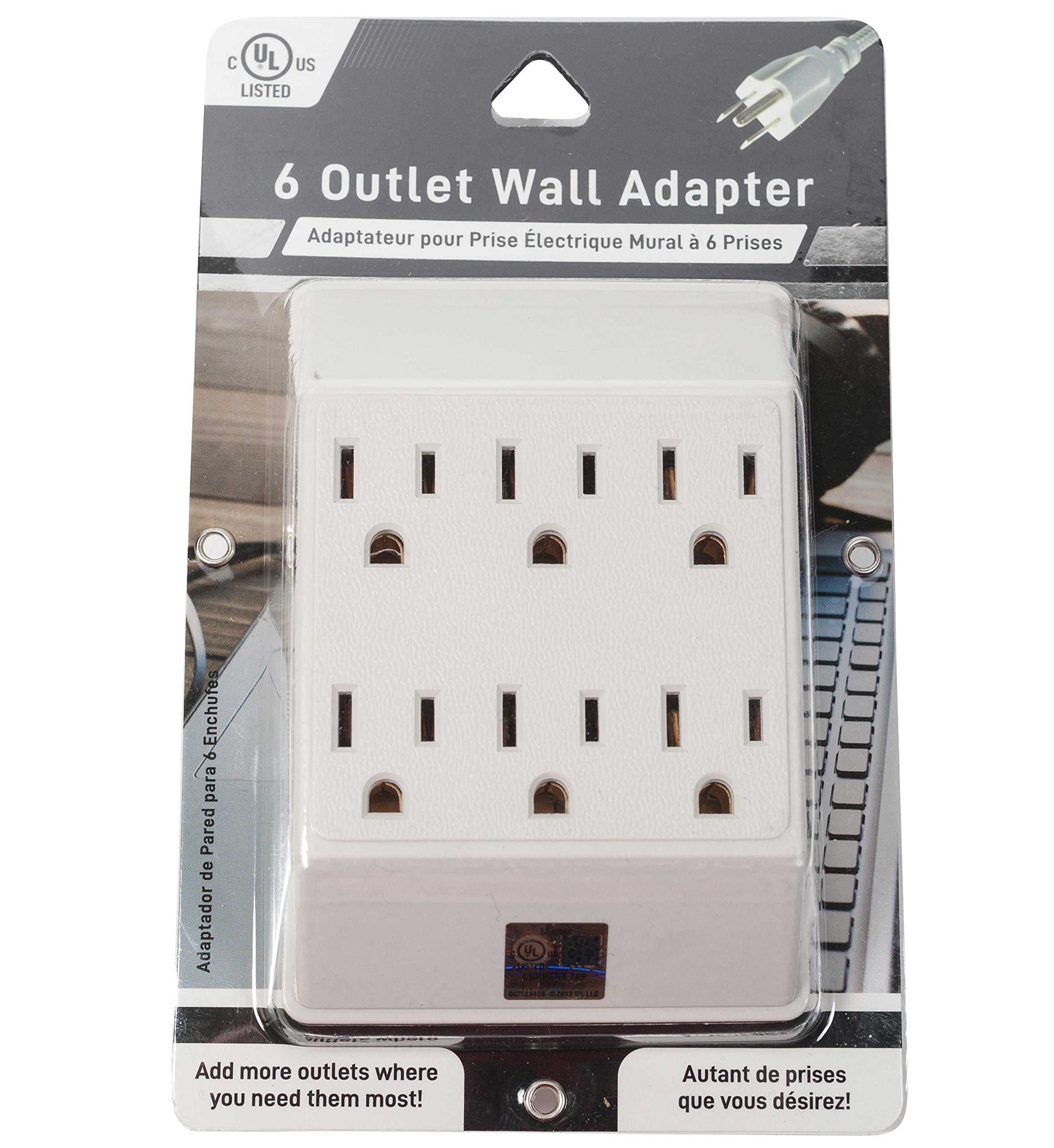 Jacent 6 Outlet Grounded Wall Adapter with Two 3 Prong Plugs (1 Pack) - Power Strip for Home Office, Kitchen & Entertainment Center - Surge Protector with Space Saving Design