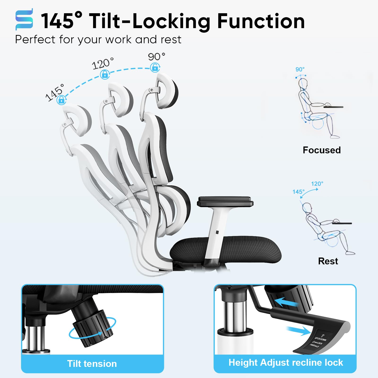 Sytas Ergonomic Office Chair - High Back Mesh Computer Chair with Adjustable Lumbar Support & Headrest, Swivel Executive Desk Chair with Tilt Function for Home Office (White) - Perfect for Long Work Hours, Gaming & Remote Work