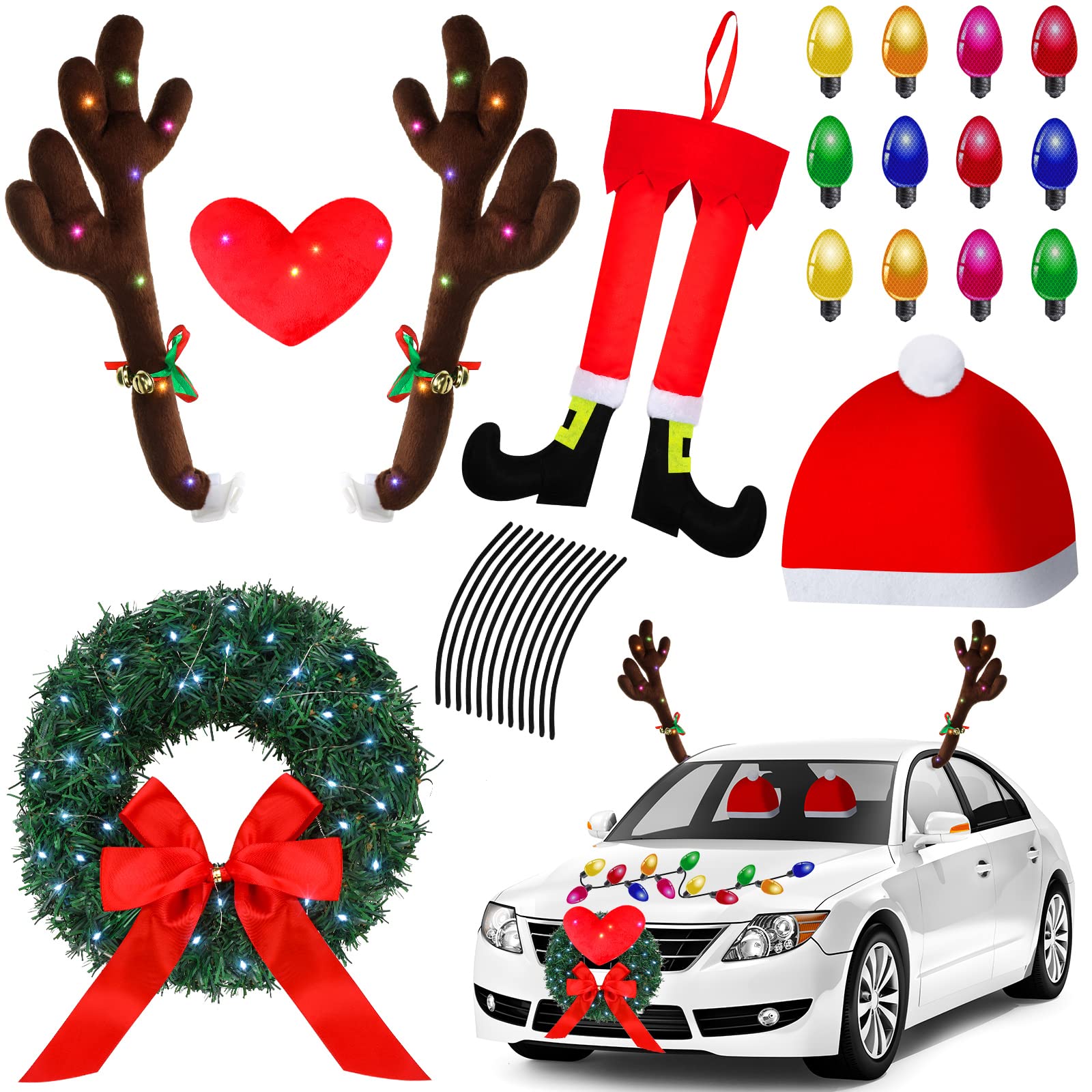 32 Pcs Christmas Car Decorations Kit - LED Reindeer Antlers, Wreath, Santa Hat & Leg, Reflective Bulb Lights for Car, Home, Office Xmas Decor - Perfect for Holiday Parties, Road Trips & Festive Gifts