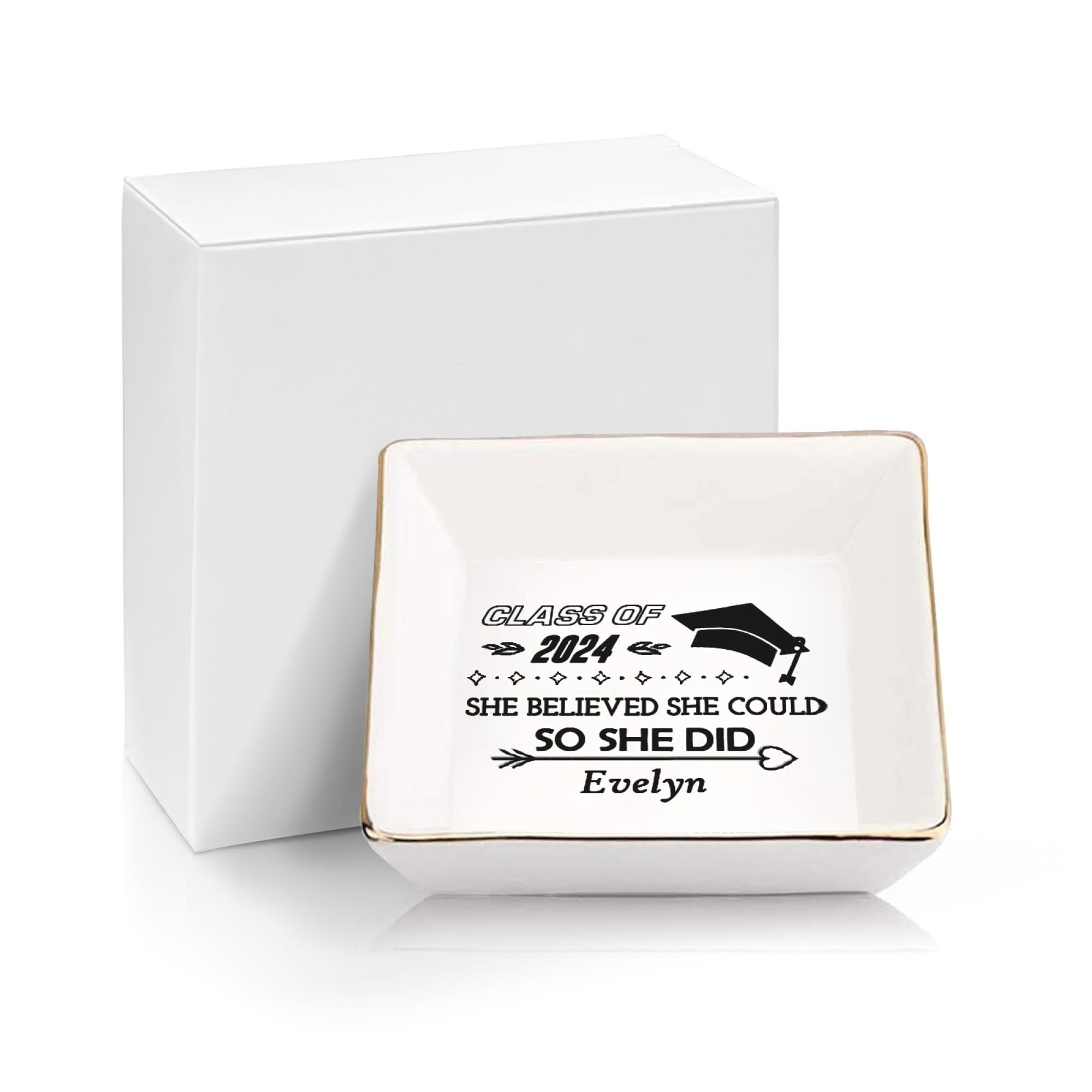 Personalized Graduation Gift for Women - Custom Engraved Ceramic Ring Dish with Inspirational Quote - Class of 2024 High School & College Graduation Present - Jewelry Tray for Dorm Room, Vanity or Wedding Gift
