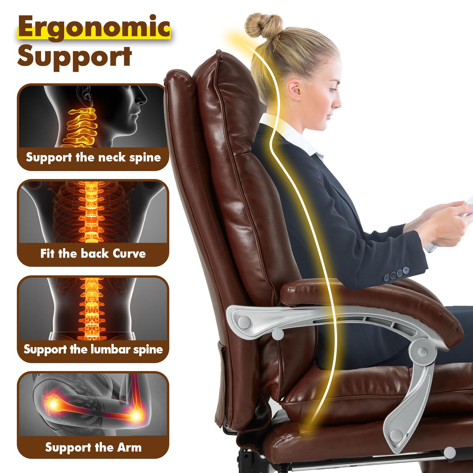 Premium Ergonomic Executive Office Chair with Adjustable Footrest & Reclining Back - 350 lbs Weight Capacity - Big & Tall PU Leather Computer Gaming Chair for Home Office & Workspace - Linkage Armrests for Ultimate Comfort