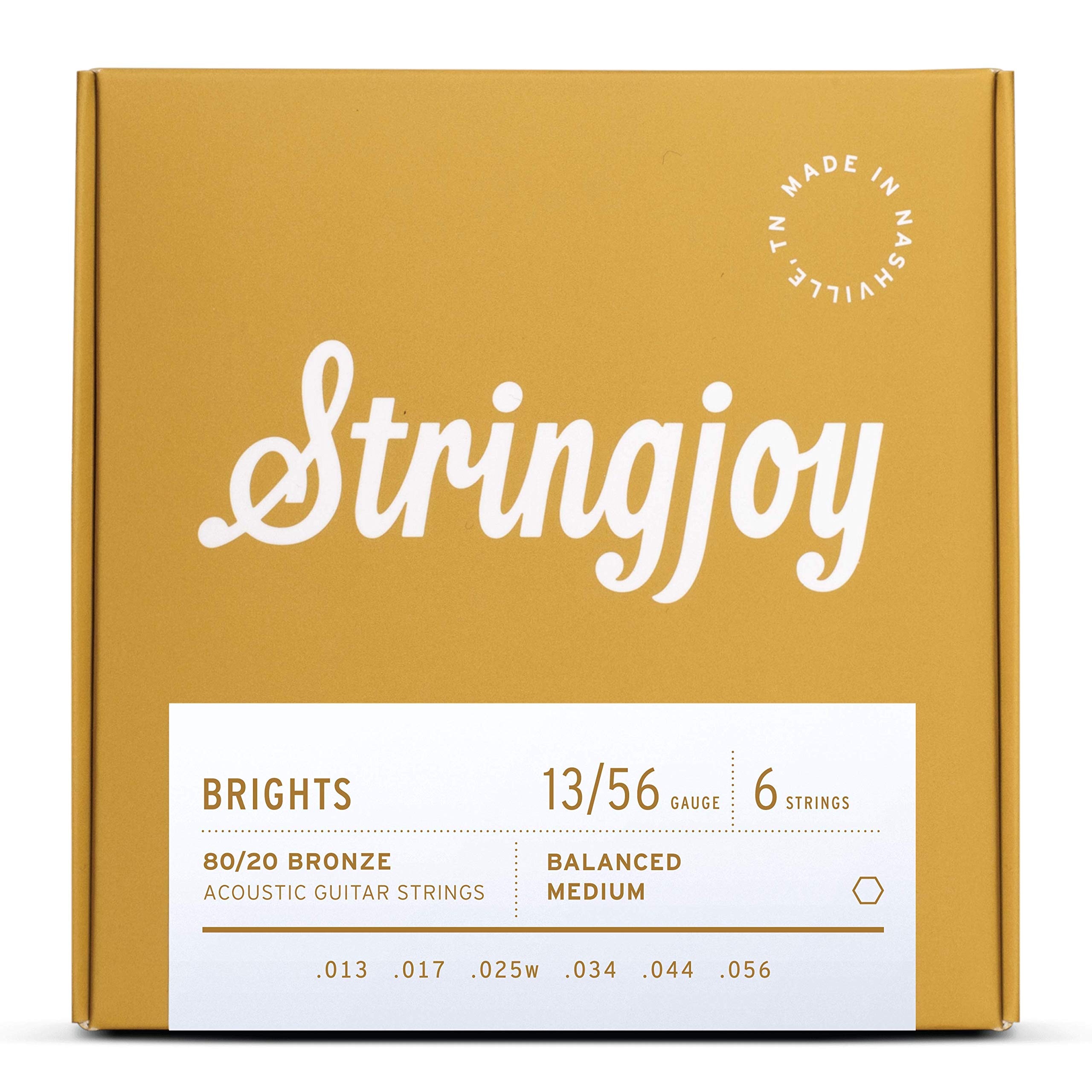 Stringjoy BB1356 Brights 80/20 Bronze Acoustic Guitar Strings - Medium Gauge (13-56) for Warm Tone & Longevity | Perfect for Folk, Country & Fingerstyle Playing