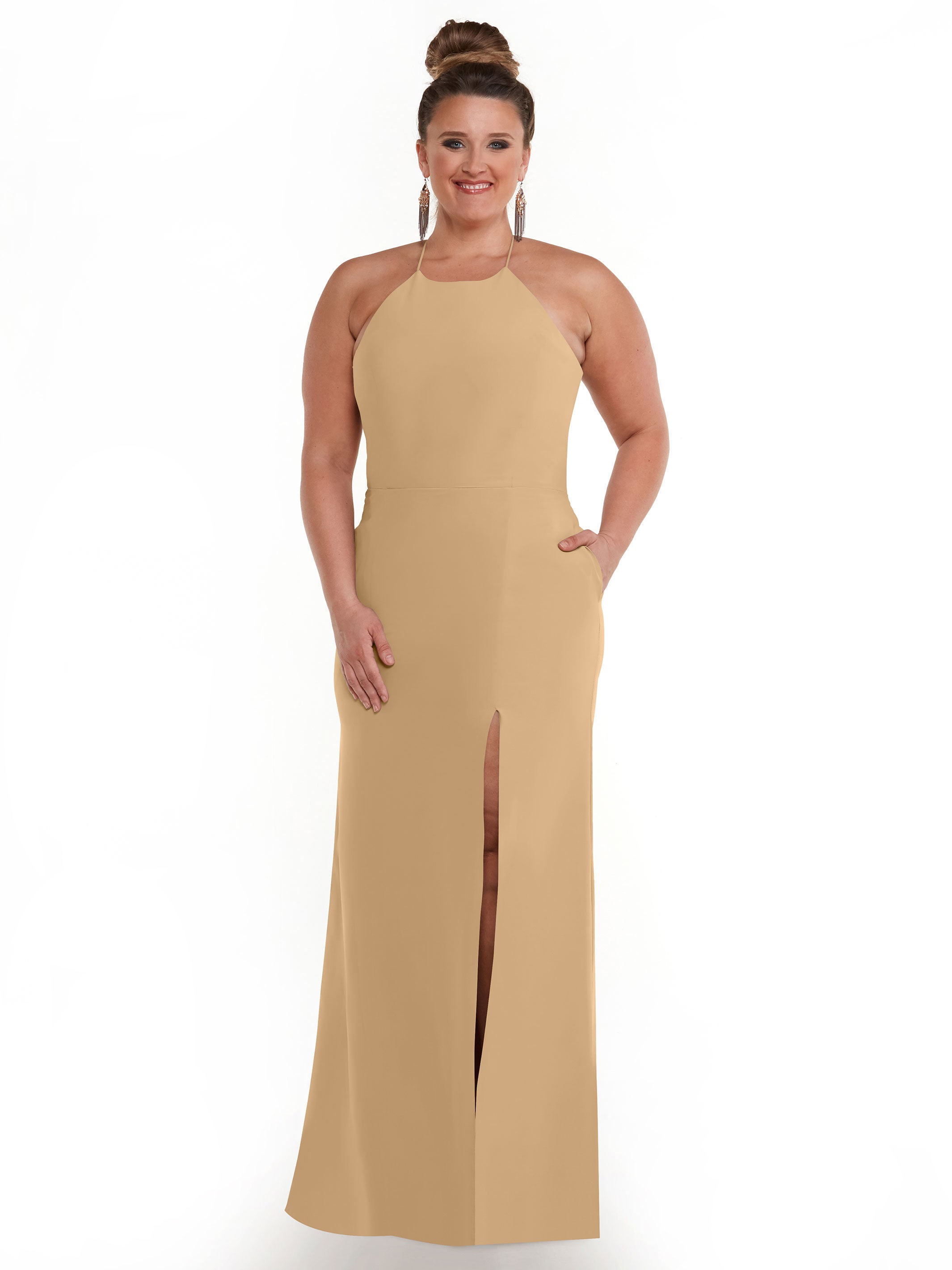 Elegant 83026 Sheath Stretch Chiffon Bridesmaid Dress with Halter Neckline & High Slit - Perfect for Weddings, Formal Events & Evening Parties