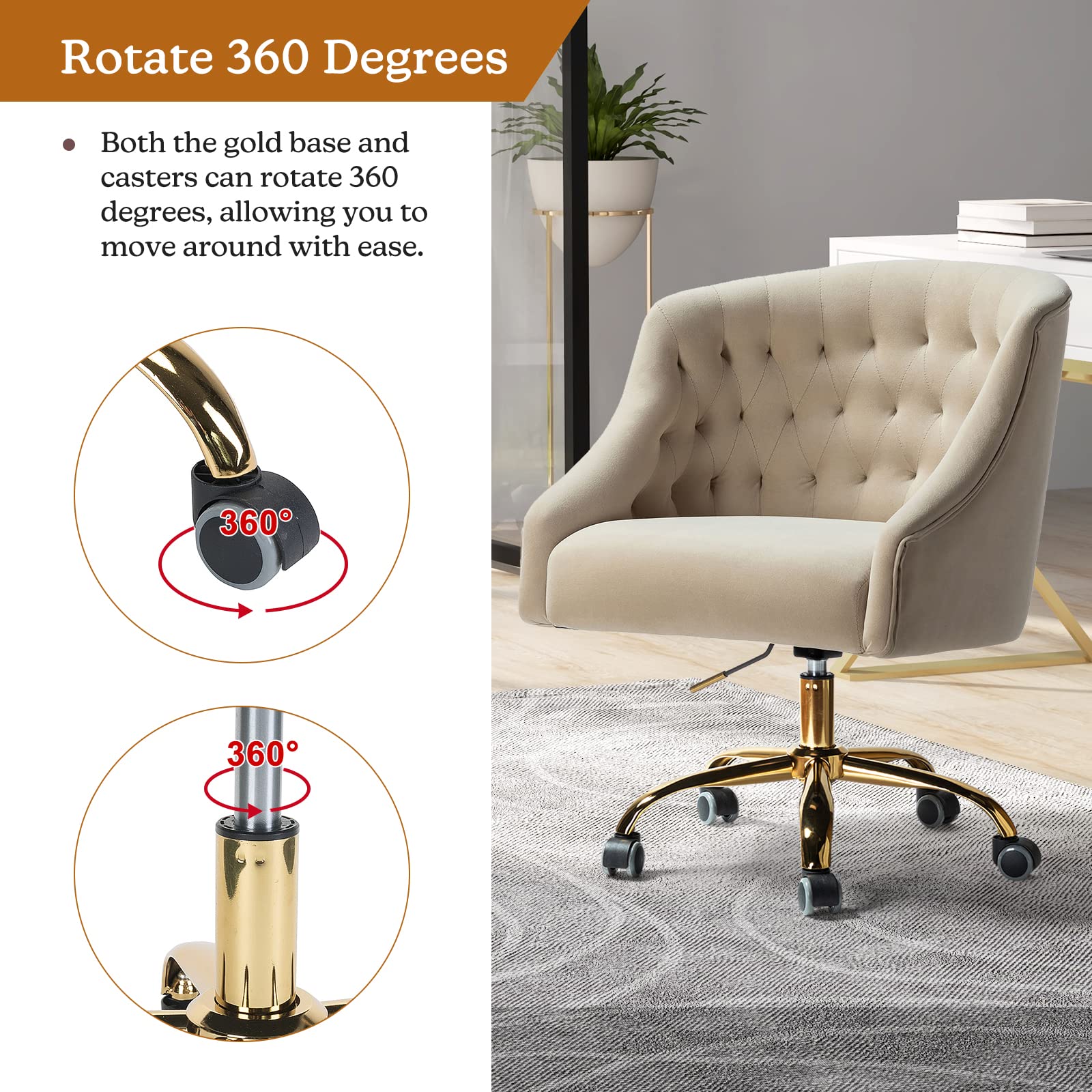 Luxury Velvet Home Office Chair with Gold Base - Modern Adjustable Swivel Task Chair for Living Room, Bedroom & Study - Soft Comfortable Desk Chair for Working, Gaming & Vanity (Tan)
