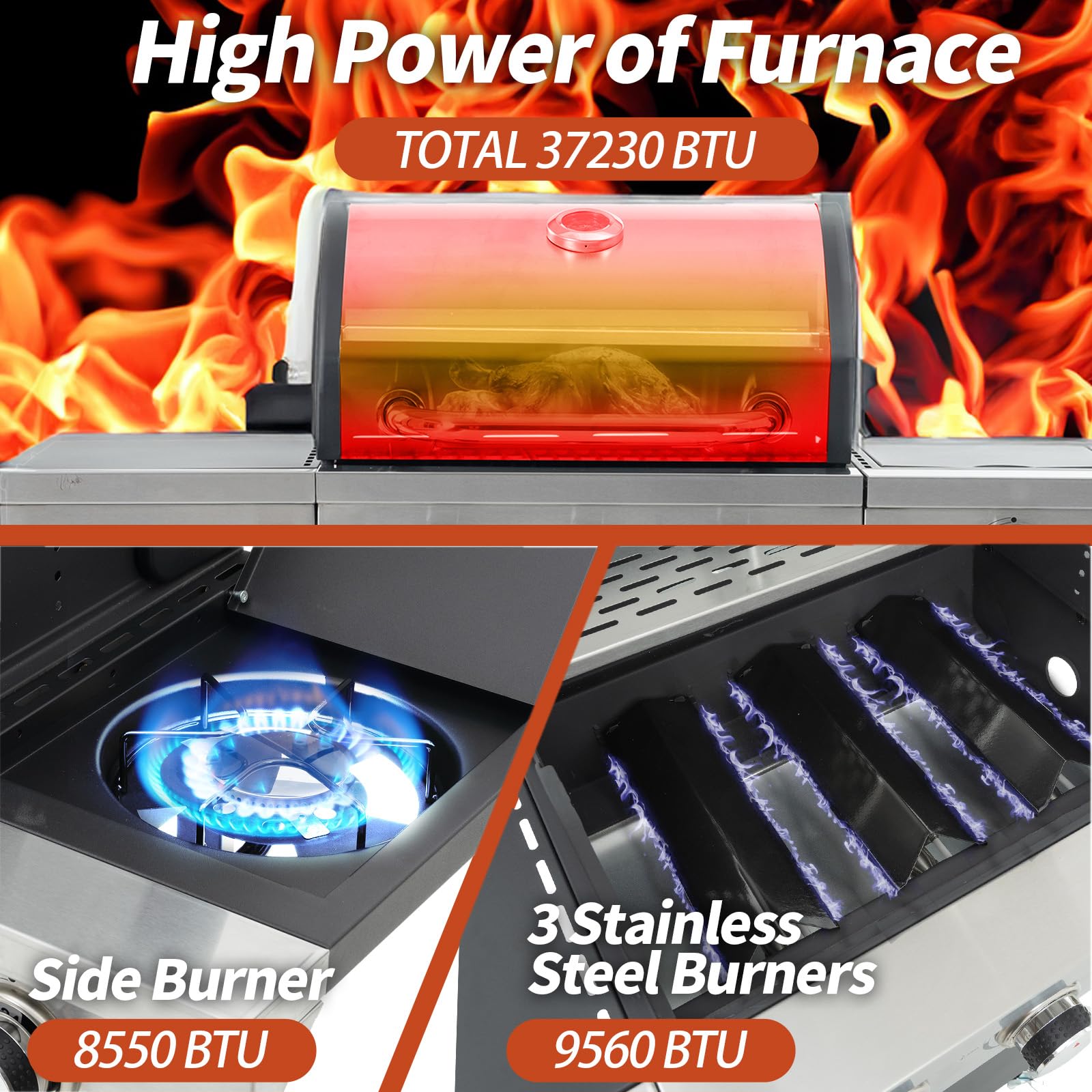 3-Burner Stainless Steel Propane Gas Grill with Side Burner & Thermometer - 37,230 BTU Outdoor BBQ Grill for Backyard, Patio, Camping & Picnics | Perfect for Grilling Burgers, Steaks & Vegetables