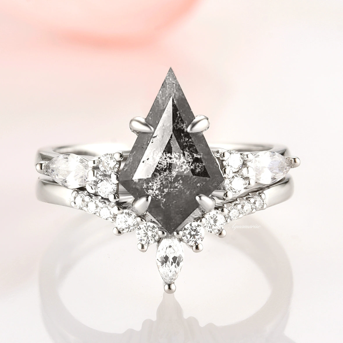 Skye Kite™ Galaxy Raw Salt & Pepper Diamond Ring Set - 925 Sterling Silver Herkimer Diamond Jewelry for Women, Wedding, Anniversary & Special Occasion Gifts
