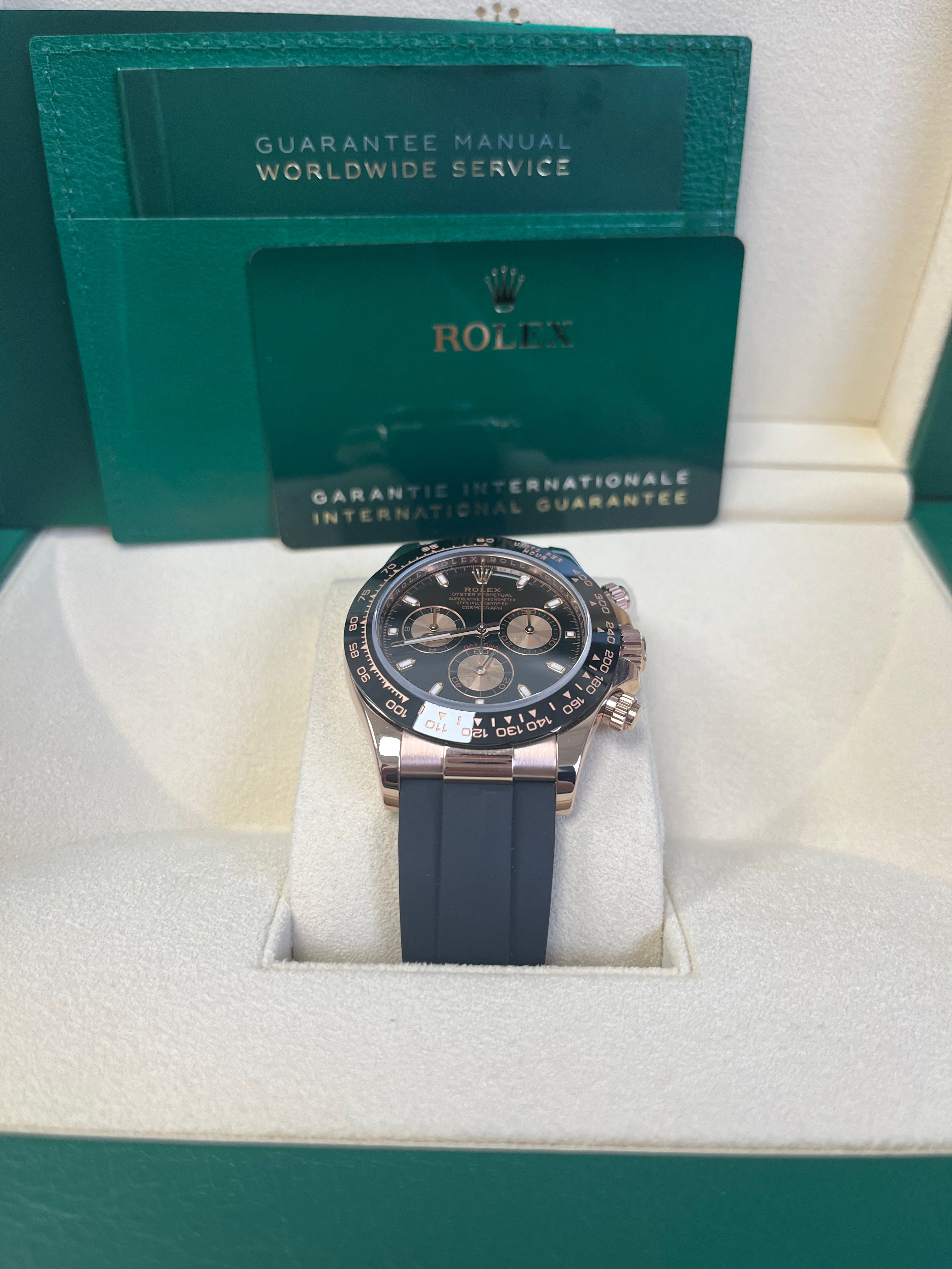 Rolex Daytona 40mm Rose Gold Watch with Black Index Dial & Oysterflex Strap - Ref.116515LN | Luxury Chronograph for Men, Perfect for Business Events & Special Occasions