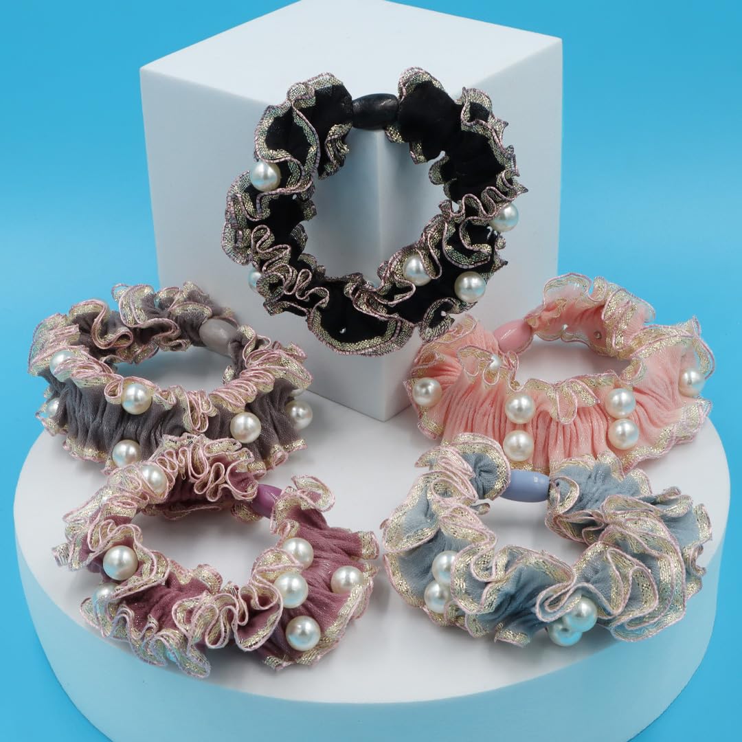 Myra Collection 5-Piece Golden Hair Scrunchies with Pearls - Elegant Hair Ties & Ponytail Holders for Women & Girls - Perfect for Weddings, Parties, and Everyday Style