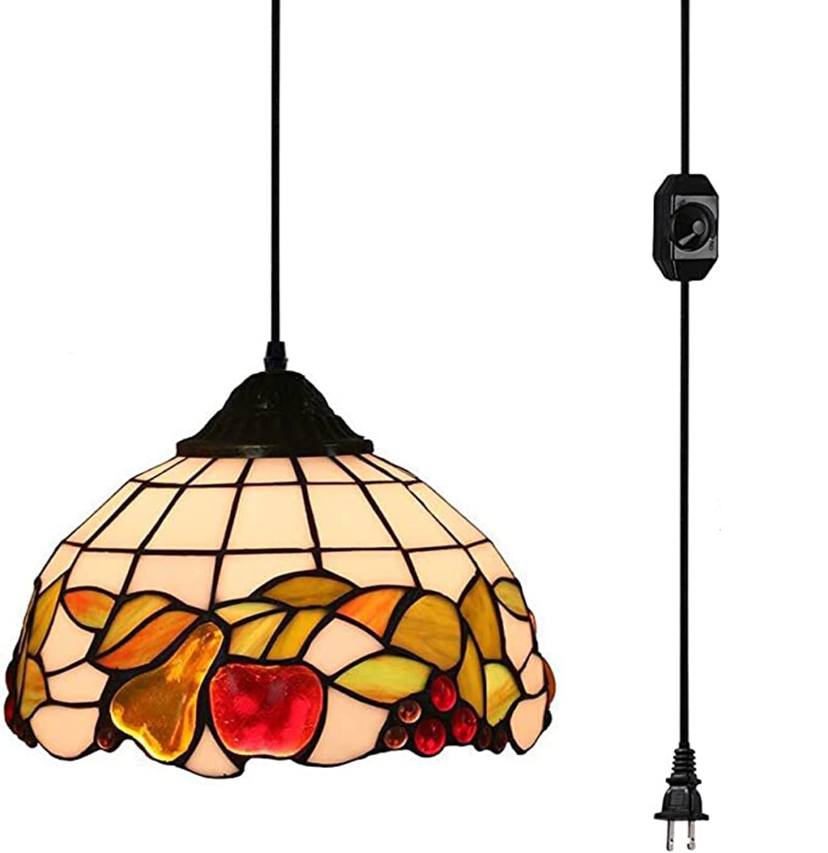 Vintage Handmade 15ft UL Plug-in Pendant Light with Colorful Fruit Glass Shade & On/Off Dimmer Switch - No Bulb Included | Perfect for Kitchen Island, Dining Room, Bedroom & Farmhouse Decor