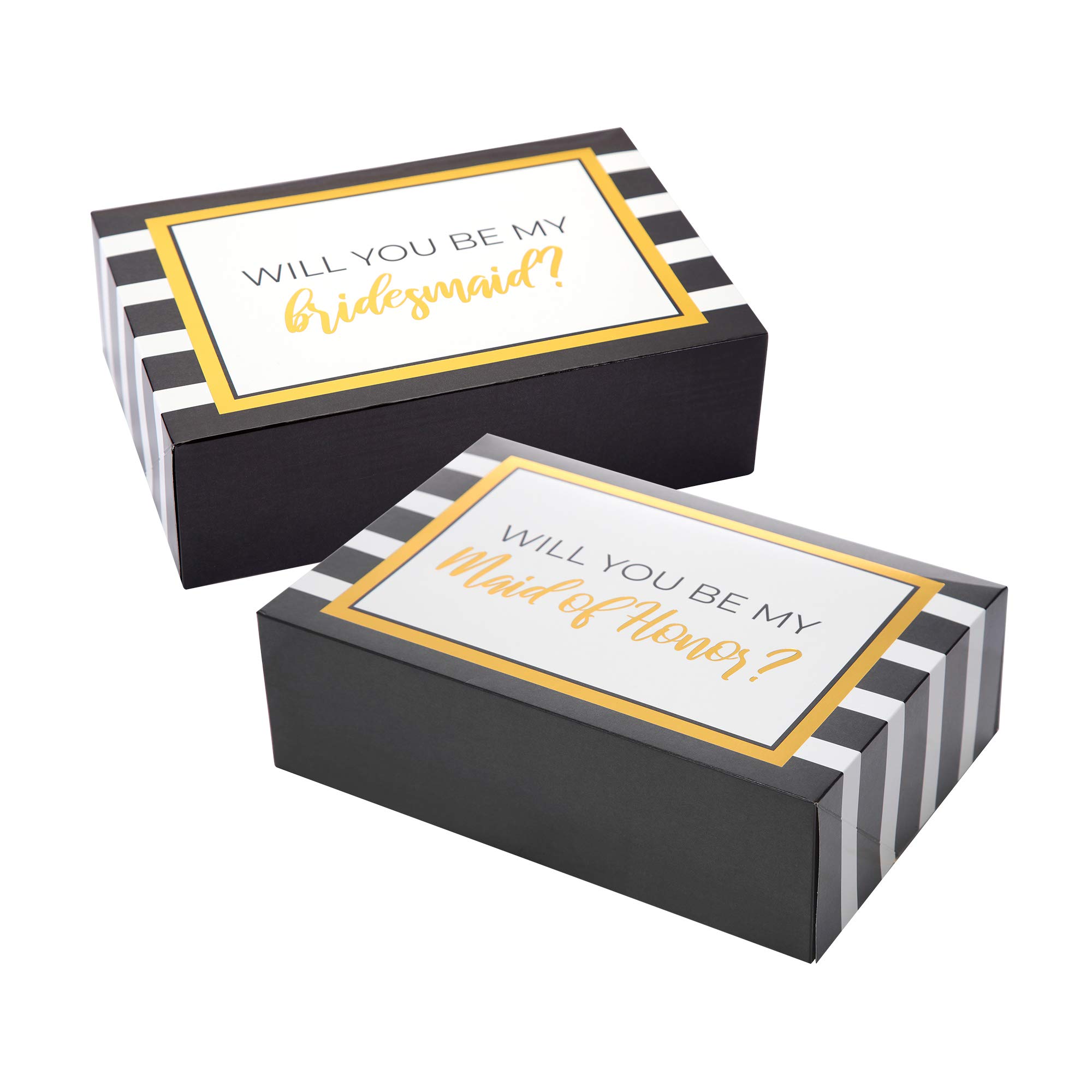 Pop Fizz Designs Bridesmaid Proposal Box Set - 10 Pack (1 Maid of Honor + 9 Bridesmaid Boxes) - Gold Foil Striped Wedding Party Gifts - Perfect for Bridal Showers, Bachelorette Parties & Proposal Surprises