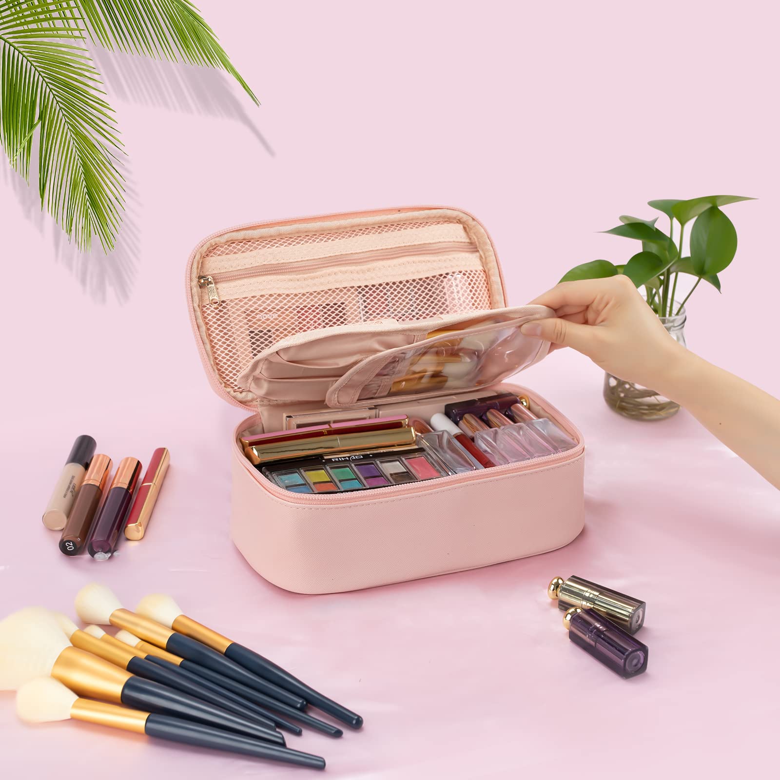 OCHEAL Small Pink Cosmetic Bag for Women & Girls - Portable Travel Makeup Pouch with Brush Organizer | Perfect for Travel, Gym & Daily Essentials Storage