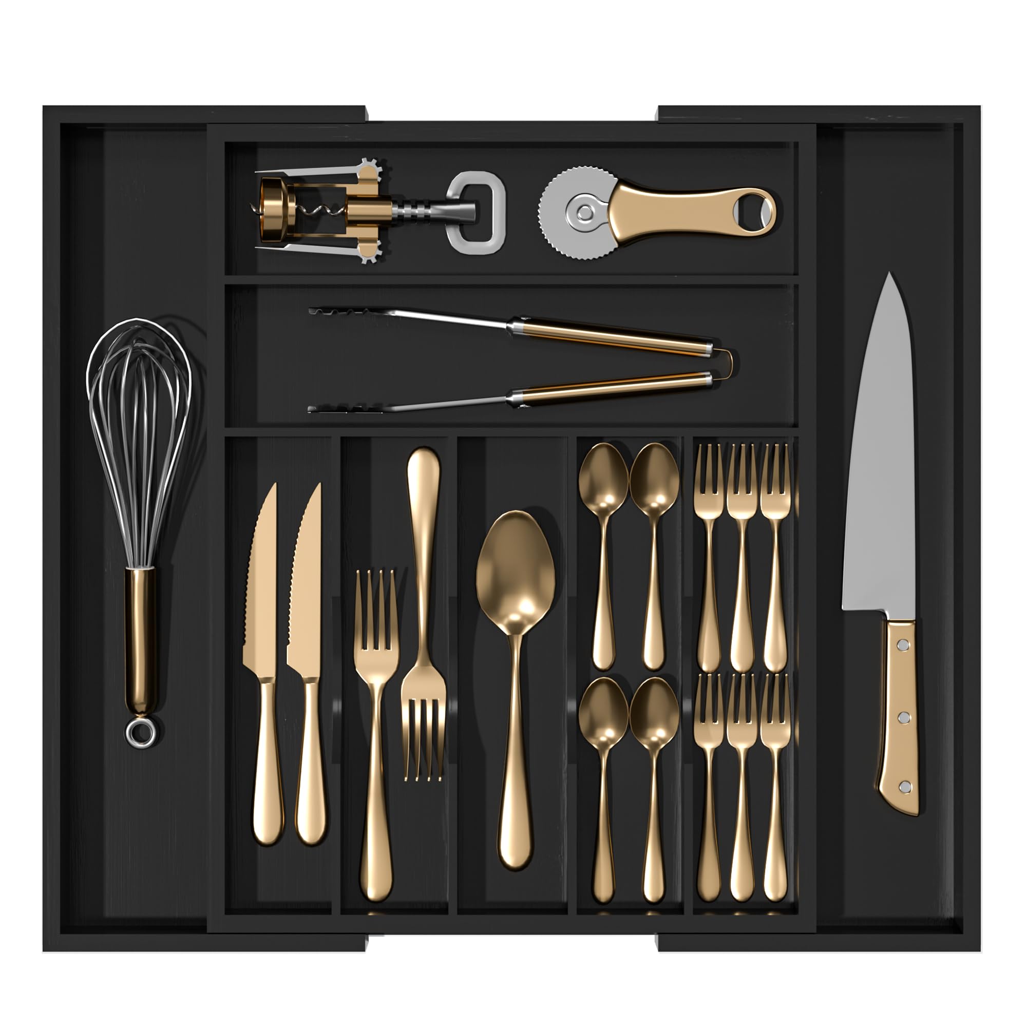 Adjustable Bamboo Silverware Organizer for Kitchen Drawers - Large Utensil Holder with Dividers, Black Chubangshou Cutlery Tray - Perfect for Organizing Spoons, Forks & Cooking Tools in Your Home Kitchen