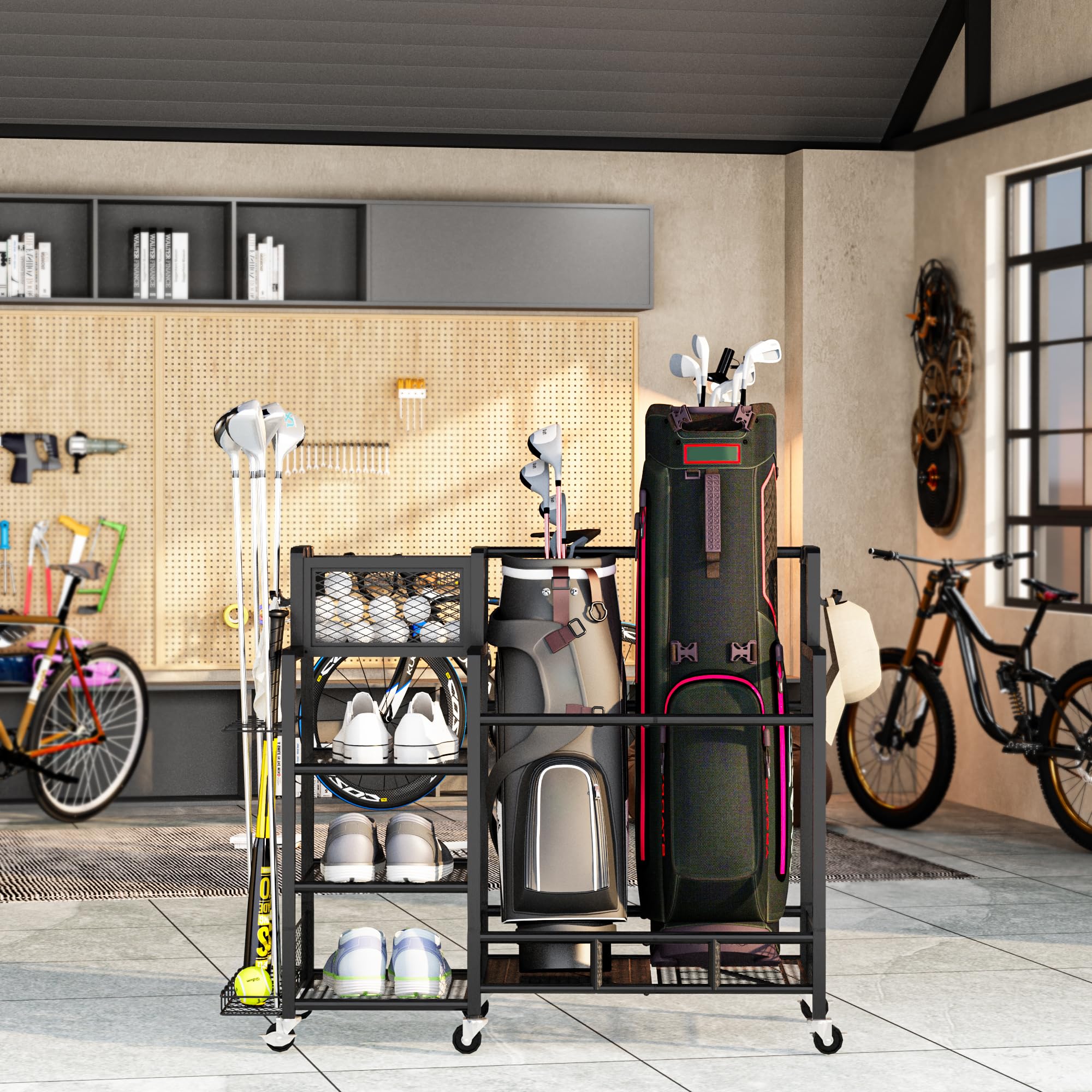 Recaceik Large Golf Storage Garage Organizer - Metal Golf Bag Stand with Wheels, Golf Club & Accessories Rack for Garage, Shed & Basement (Black) | Perfect for Golf Equipment Organization & Space Saving