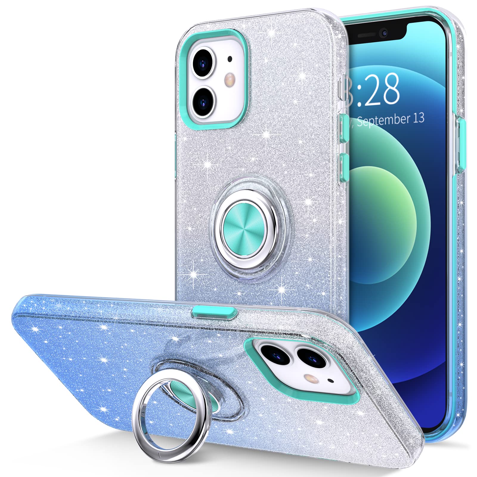 Hython iPhone 12 Case with Rotatable Ring Stand - Sparkly Glitter Protective Cover for Daily Use & Travel