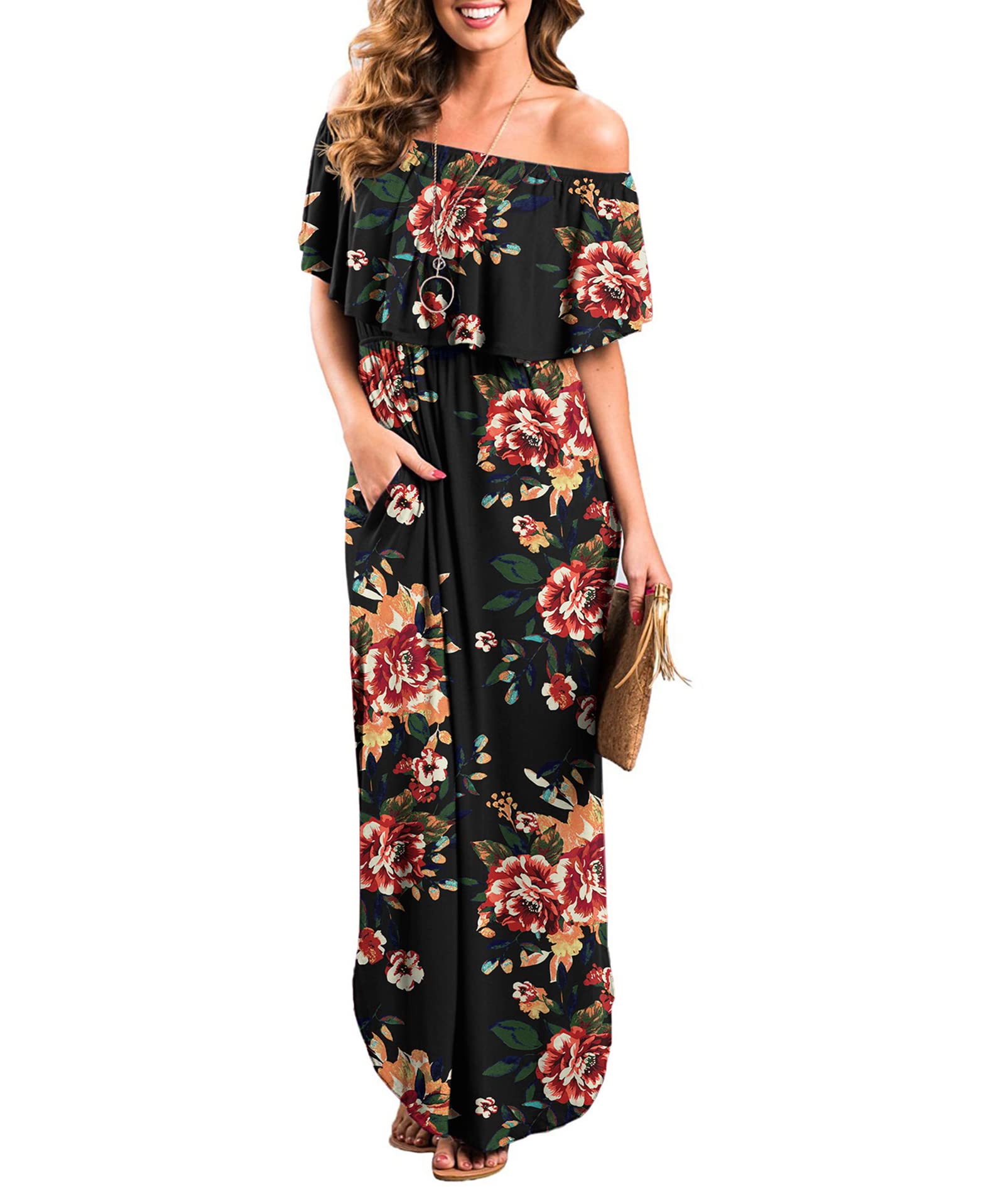 LILBETTER Women's Off Shoulder Ruffle Party Dress with Side Slit - Flowy Beach Maxi Dress for Summer Vacations, Weddings & Night Out