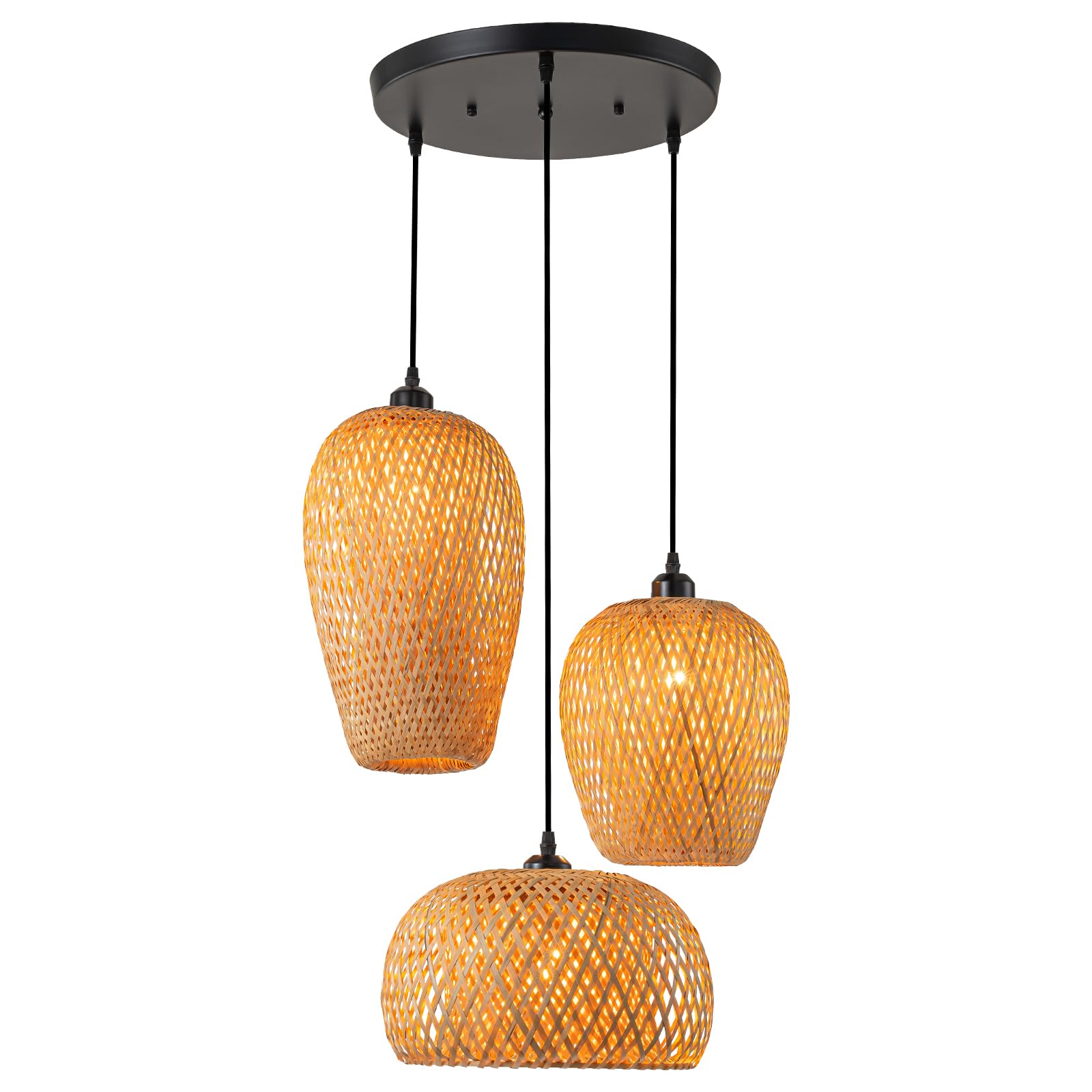 Boho Rattan Pendant Light Fixture - 3-Light Woven Bamboo Chandelier with Wicker Shade for Dining Room, Living Room & Kitchen | Natural Woven Basket Ceiling Light for Farmhouse, Beach House & Boho Decor
