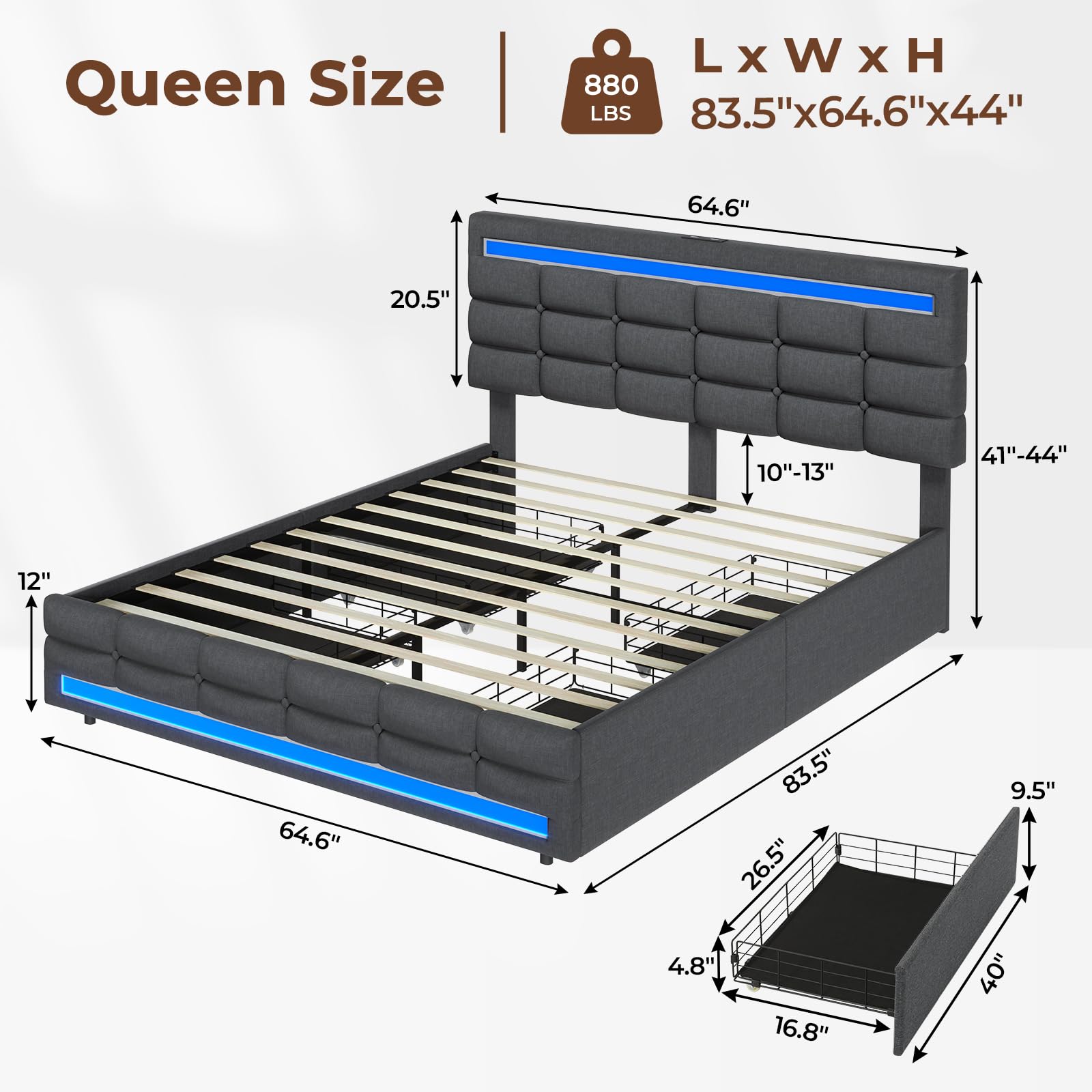 ADORNEVE Queen LED Bed Frame with 4 Storage Drawers & 2 USB Ports - Upholstered Platform Bed with Illuminated Headboard & Footboard, No Box Spring Required, Dark Grey - Perfect for Modern Bedrooms, Guest Rooms & Smart Home Setups