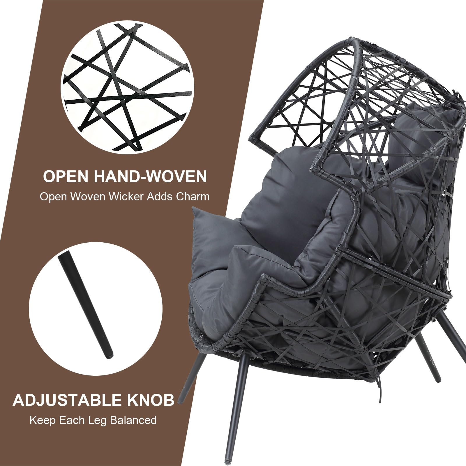 Outdoor & Indoor Egg Chair - Wicker Basket Lounger with Cushion & Stand - Dark Gray - Perfect for Living Room, Patio, Backyard, and Garden Relaxation