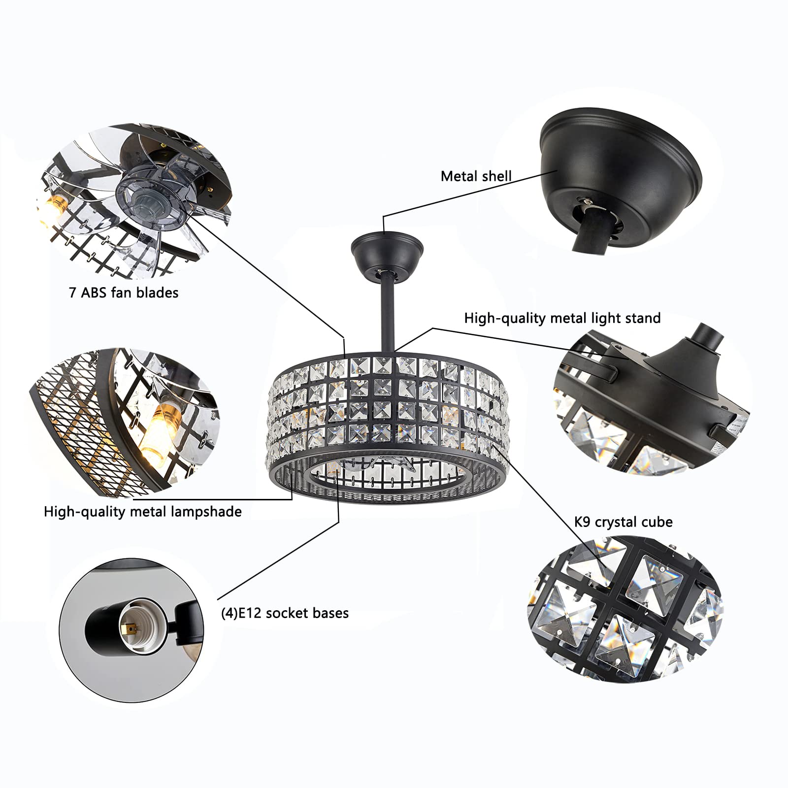 OUKANING 18 Inch Square Crystal Ceiling Fan with Light - 3 Speed Adjustable, Remote Control, Low Profile Enclosed Design for Living Room, Bedroom, Kitchen | Perfect for Modern Home Decor and Energy-Efficient Cooling