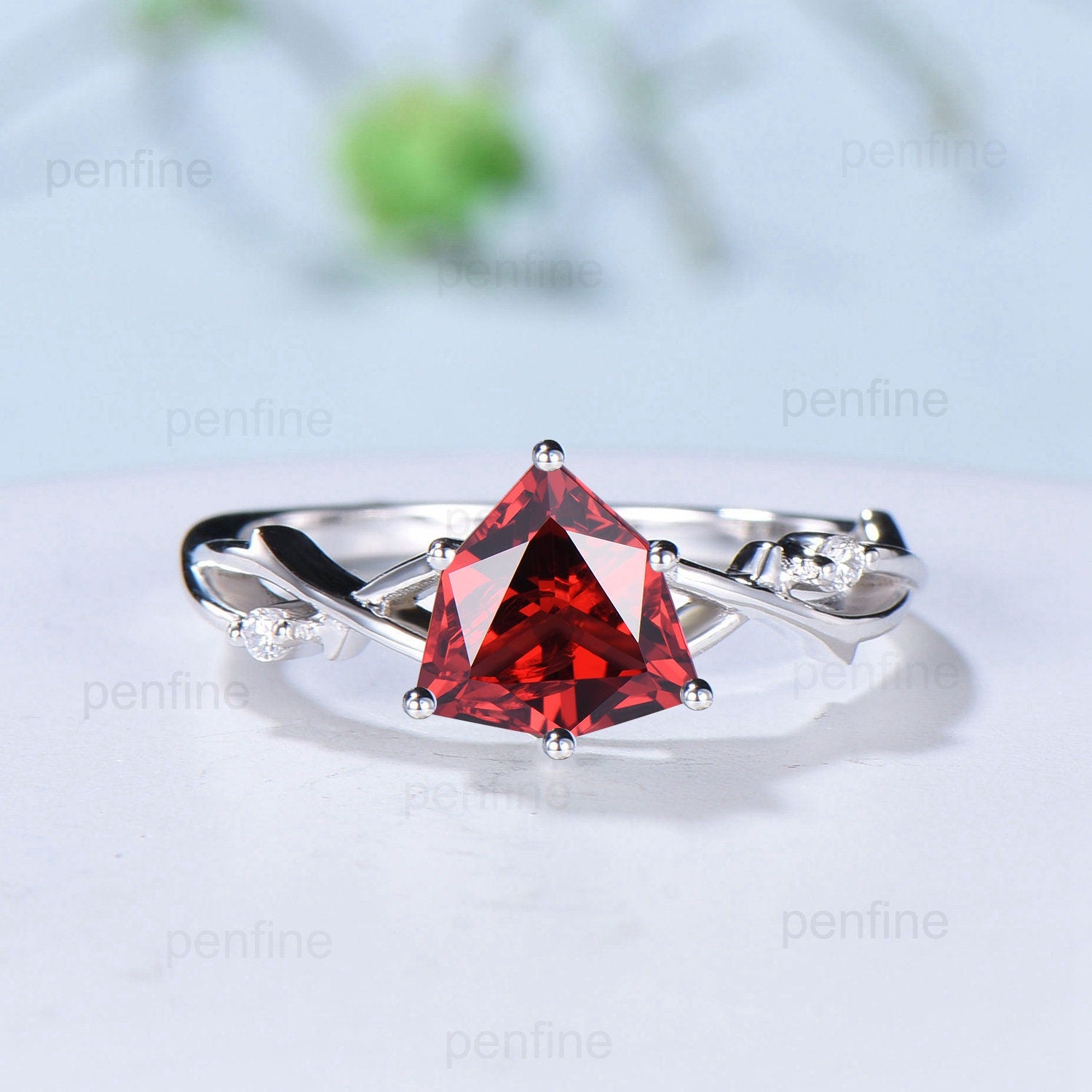 8mm Shield Cut Garnet Engagement Ring - Art Deco Vintage Twig Vine Wedding Band - Infinity Leaf Branch Design - January Birthstone Jewelry for Women - Perfect for Proposals, Anniversaries & Special Occasions