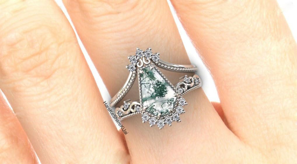 Vintage Art Deco Coffin Shaped Moss Agate Engagement Ring Set - 925 Sterling Silver Wedding Band, Anniversary Gift for Women - Perfect for Bridal Jewelry, Christmas Presents & Special Occasions