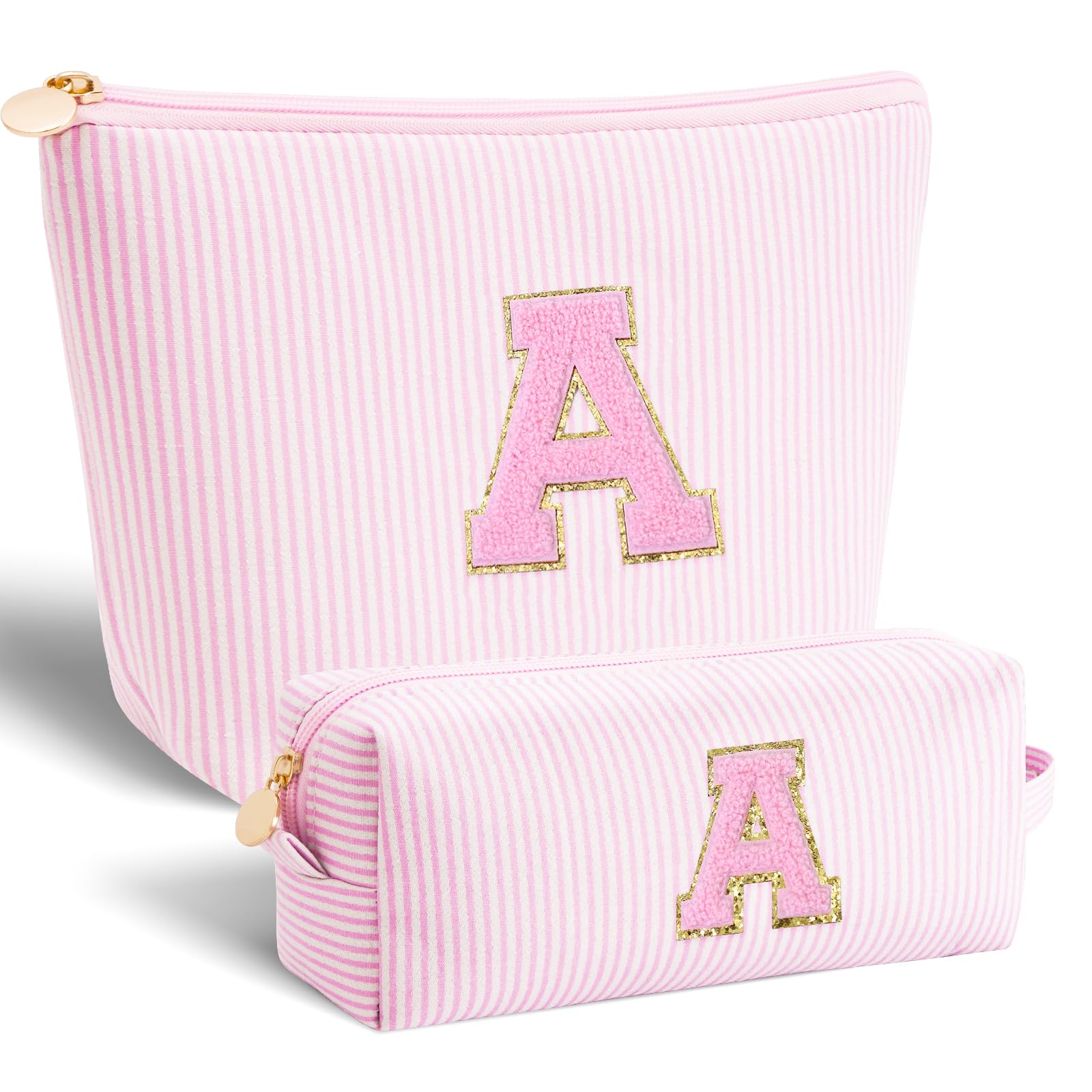 Personalized Initial Makeup Bag Set - Trendy Cosmetic & Toiletry Travel Bag for Teens | Perfect Gift for Girls Age 10-18 (Pink) | Great for School, Sleepovers, Travel & Daily Organization