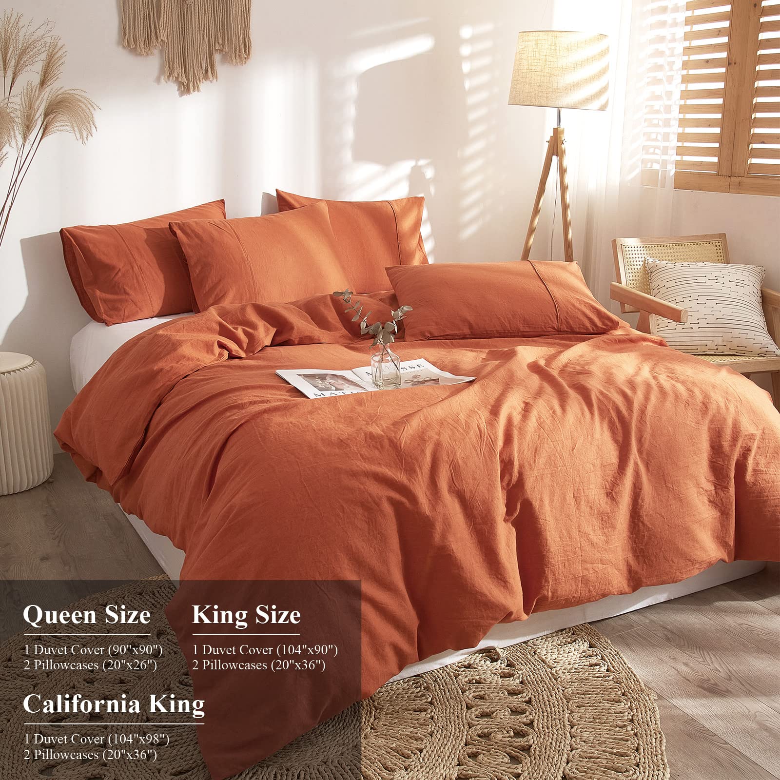 Ivellow 100% French Flax Linen Duvet Cover King Size - Burnt Orange Washed Linen Bedding Set with 2 Pillowcases | Soft, Breathable & Cooling | Perfect for Summer, Hot Sleepers & Eco-Friendly Home Decor