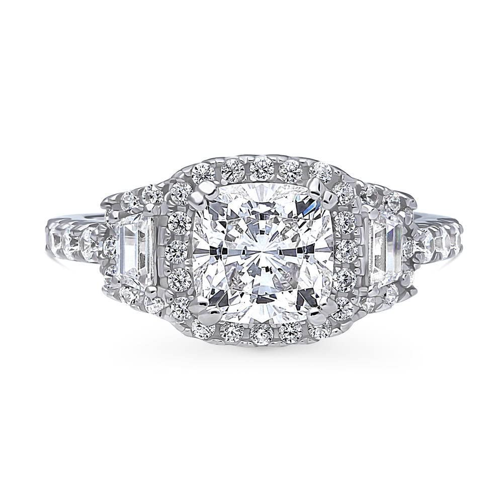 BERRICLE Sterling Silver 3-Stone Wedding & Engagement Ring for Women - 2 Carat Cushion Cut Cubic Zirconia CZ Halo Ring, Rhodium Plated, Size 4-10 - Perfect for Proposals, Anniversaries & Special Occasions