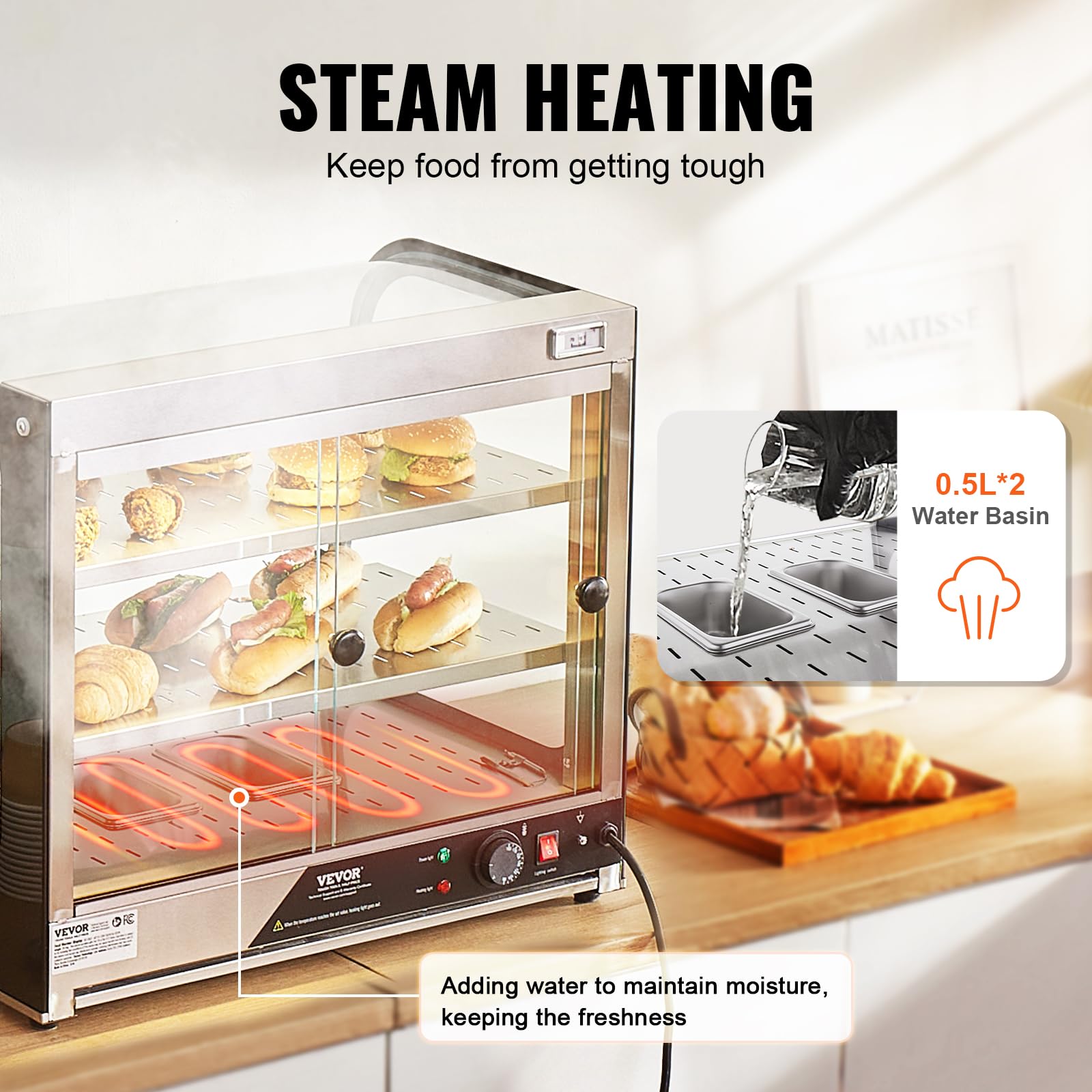 VEVOR 2-Tier Commercial Food Warmer Display - 850W Electric Countertop Food Warmer with Tempered Glass & Steam Heating, 86°F~185°F Adjustable Temperature, 111L Large Capacity for Restaurants, Cafes, Buffets - Perfect for Keeping Hamburgers, Pizza, Bread, Fried Chicken Warm and Fresh
