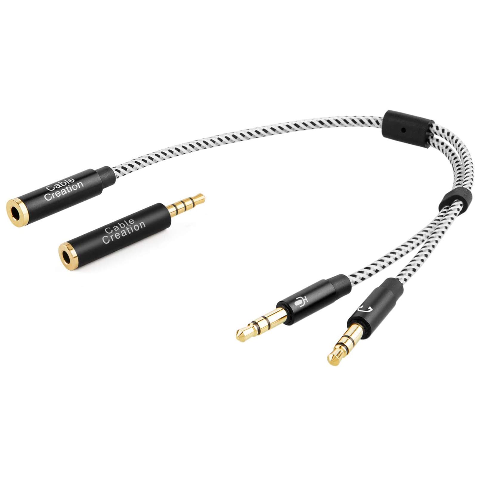 CableCreation 3.5mm Headset Splitter Cable - Female to Dual Male Audio Y Splitter with CTIA/OMTP Adapter - 0.2M Black & White - Perfect for Gaming Headsets, Music Sharing, and Conference Calls